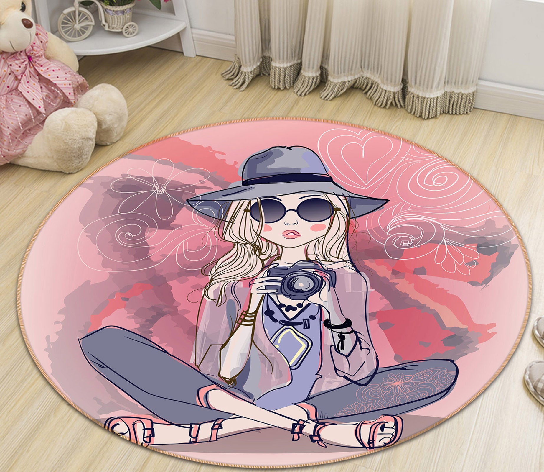 3D Camera Girl 29029 Round Non Slip Rug Mat