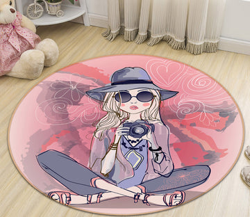 3D Camera Girl 29029 Round Non Slip Rug Mat