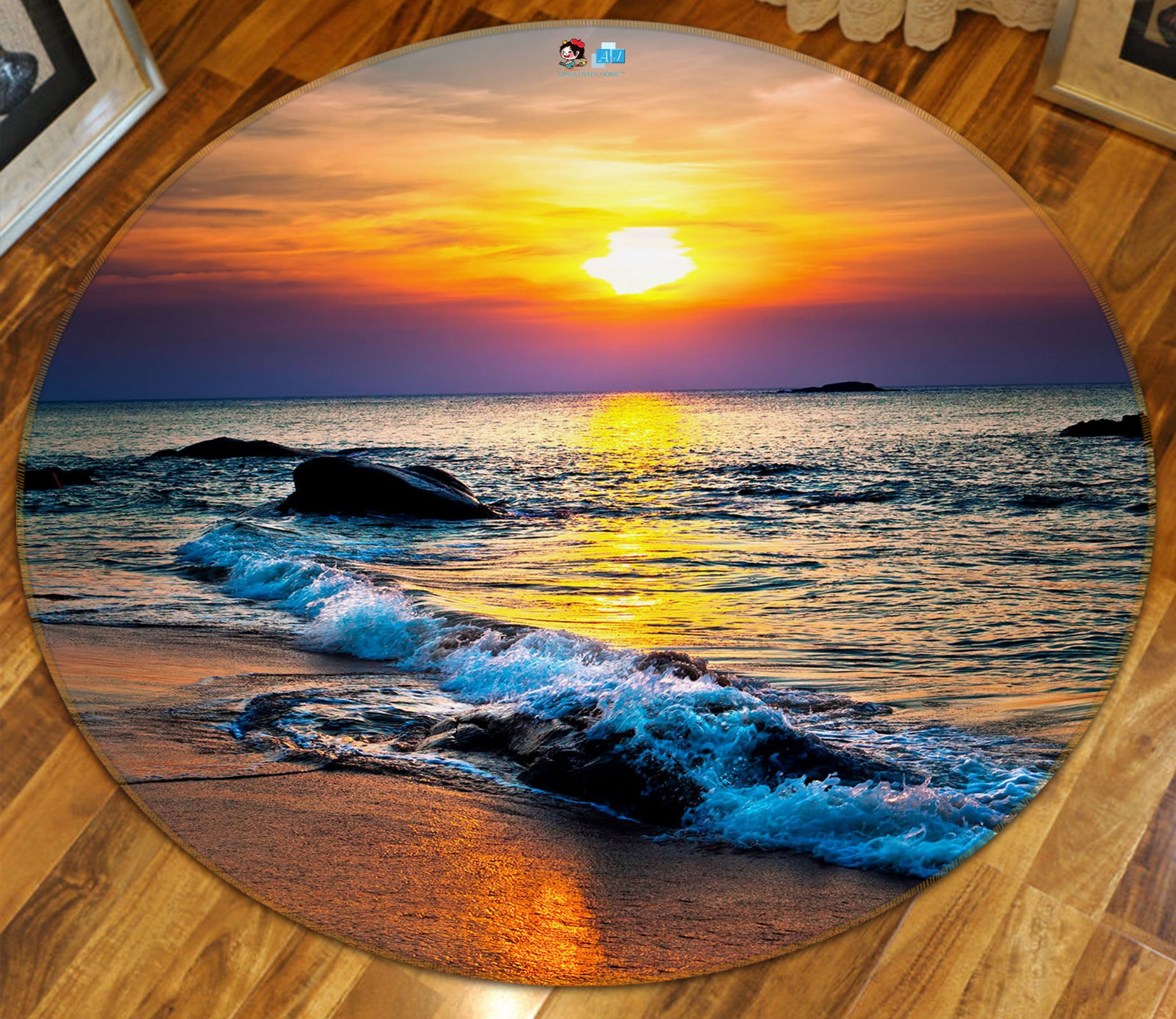 3D Sea Waves 69048 Round Non Slip Rug Mat