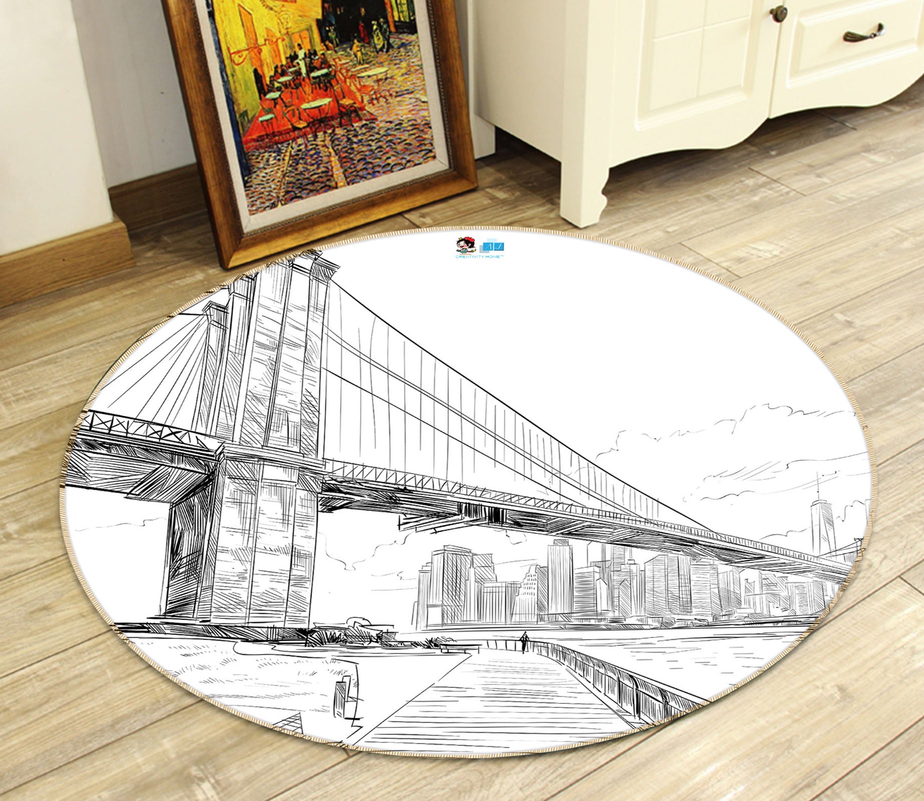 3D Black White Hand-Painted Bridge 73029 Round Non Slip Rug Mat