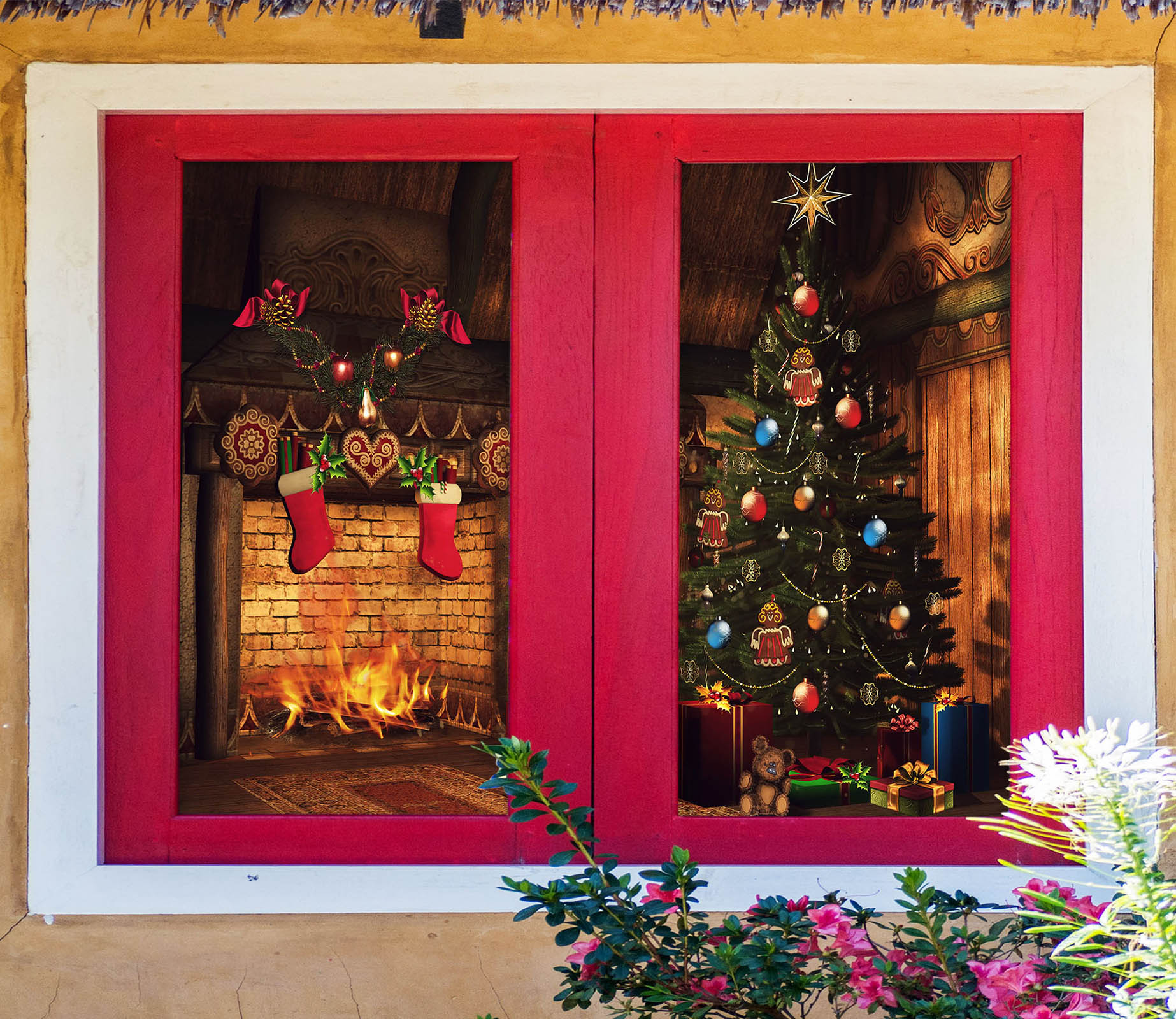 3D Fireplace Christmas Tree 43096 Christmas Window Film Print Sticker Cling Stained Glass Xmas