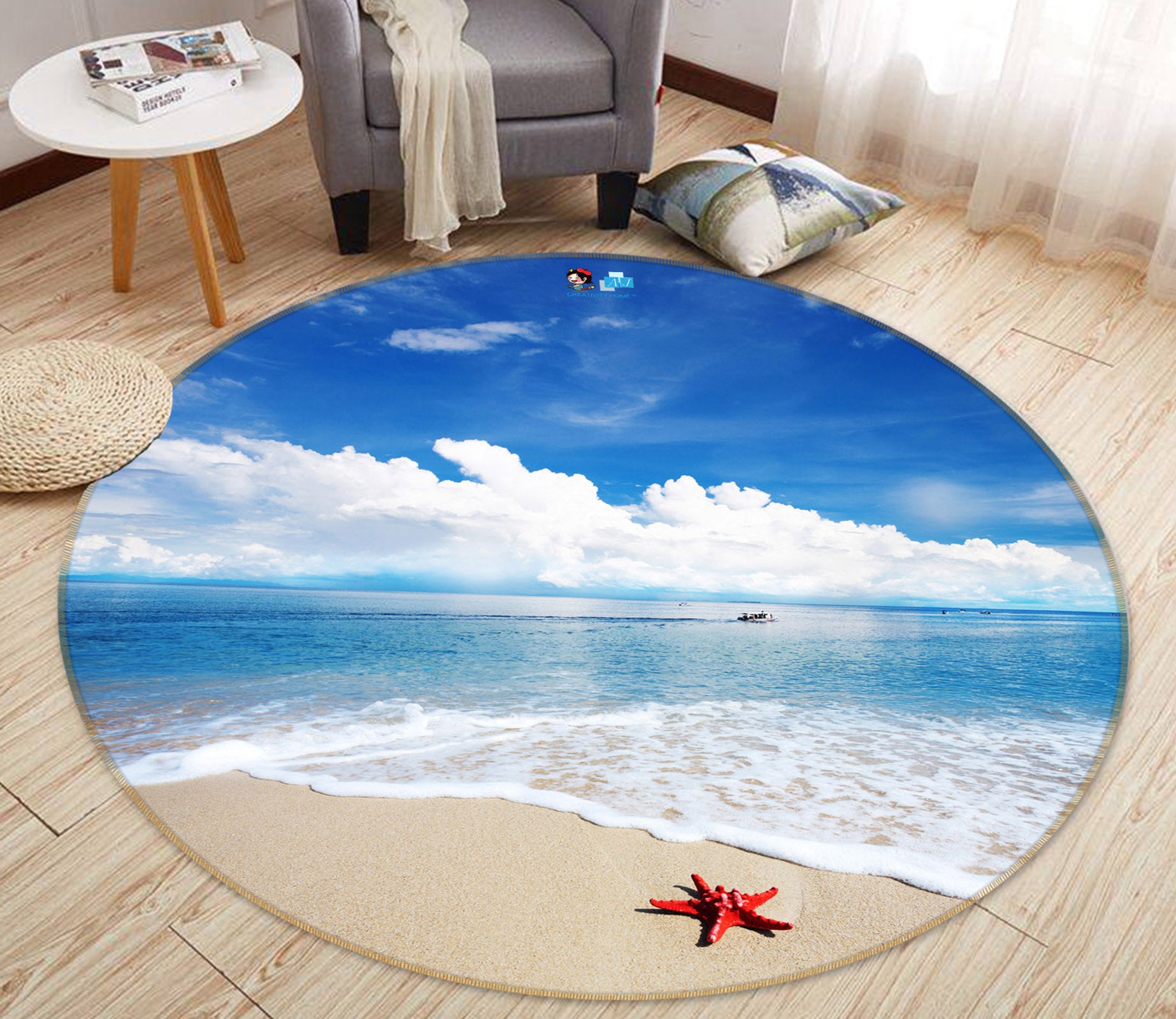 3D Seaside Starfish 74121 Round Non Slip Rug Mat