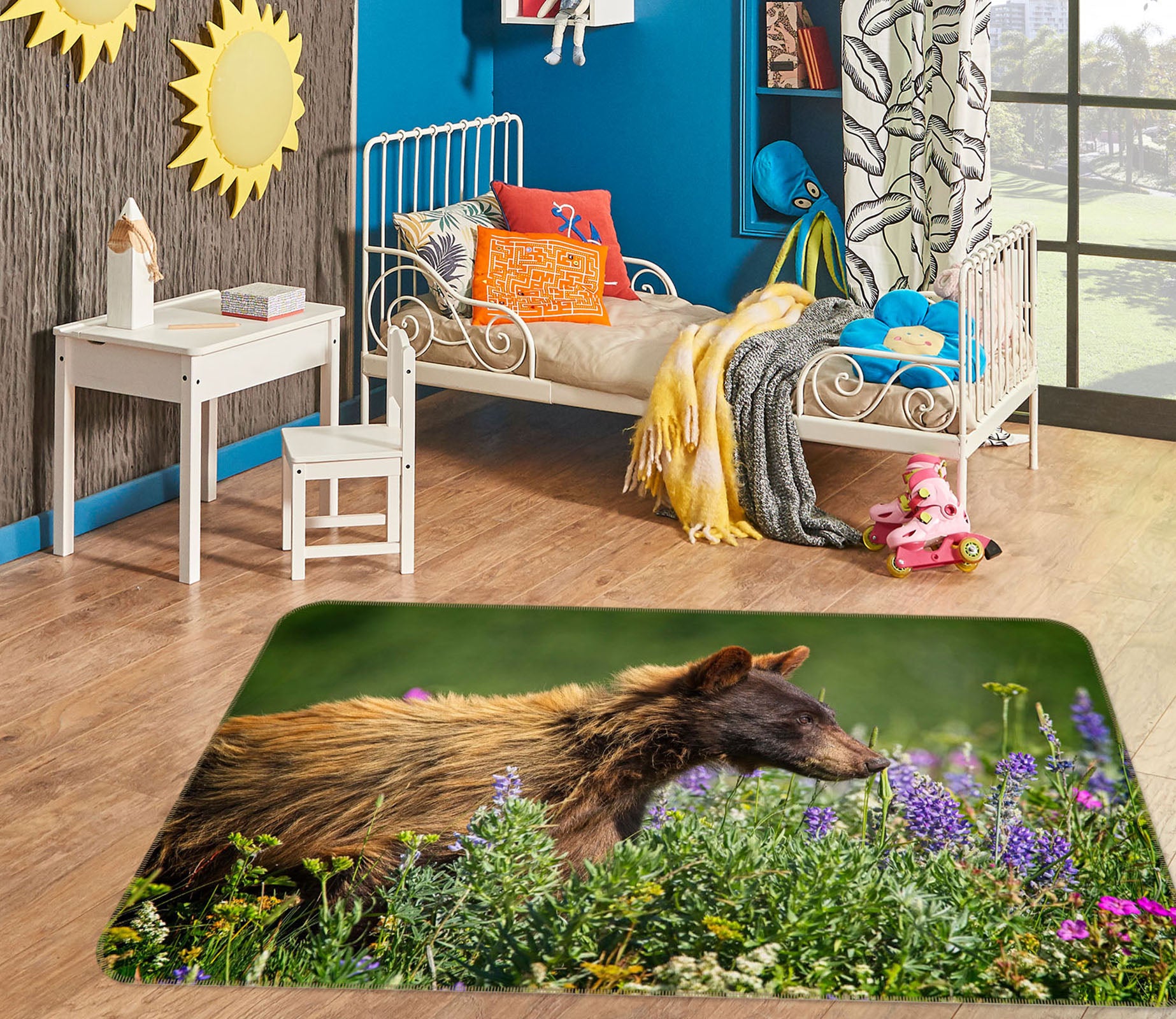 3D Bear Cub In Meadow 84054 Kathy Barefield Rug Non Slip Rug Mat
