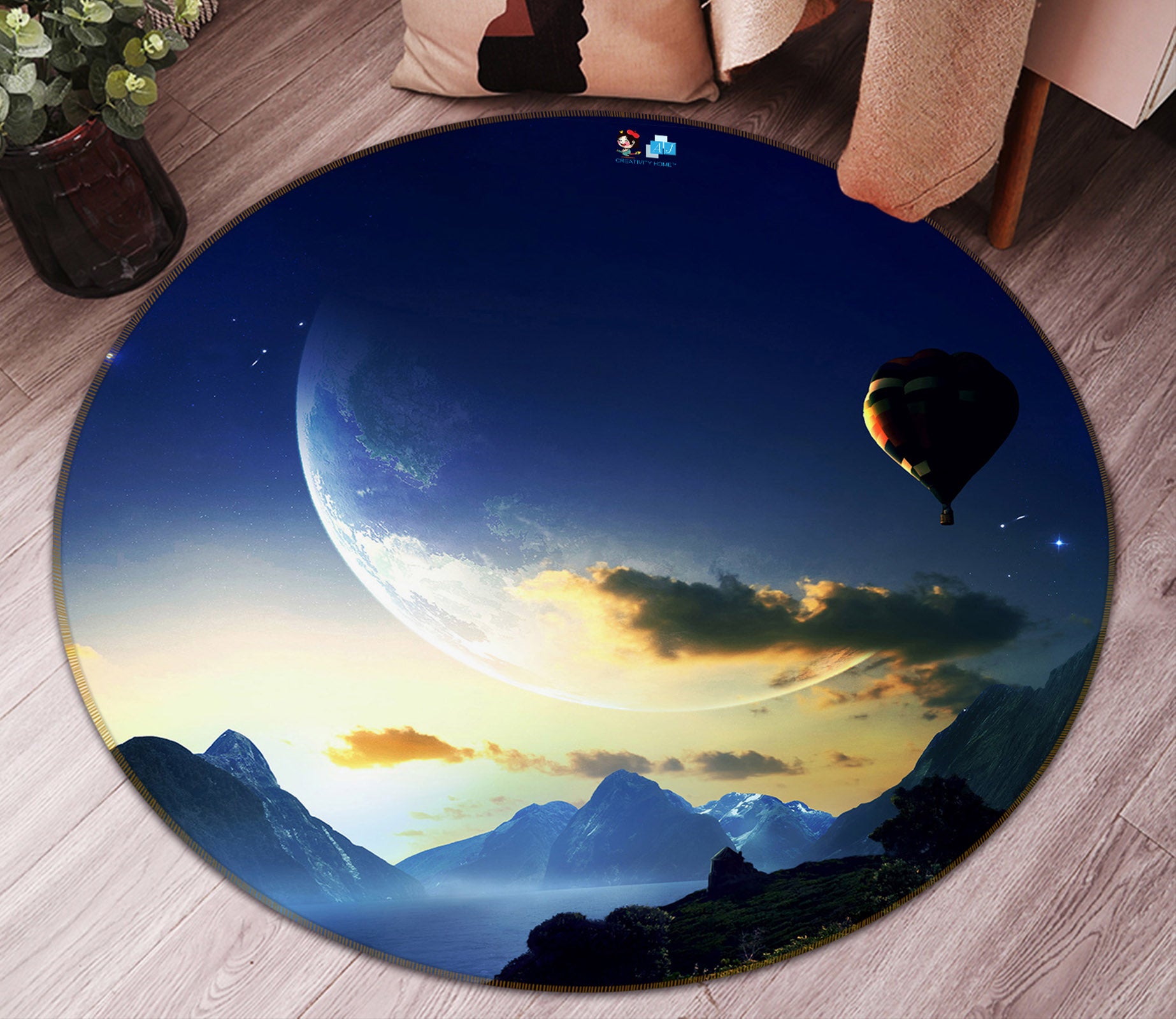 3D Moon Sky Hot Air Balloon 74088 Round Non Slip Rug Mat