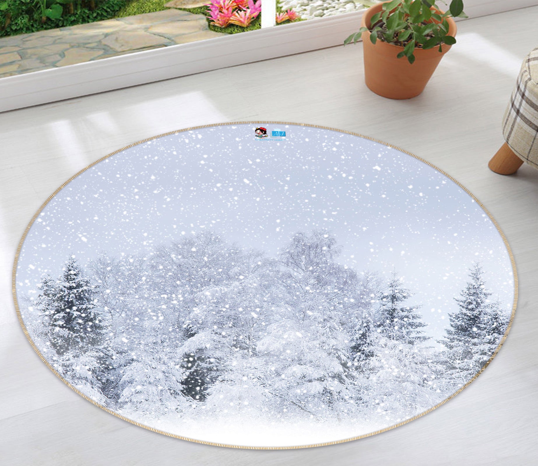3D Forest Snow Scene 80205 Round Non Slip Rug Mat