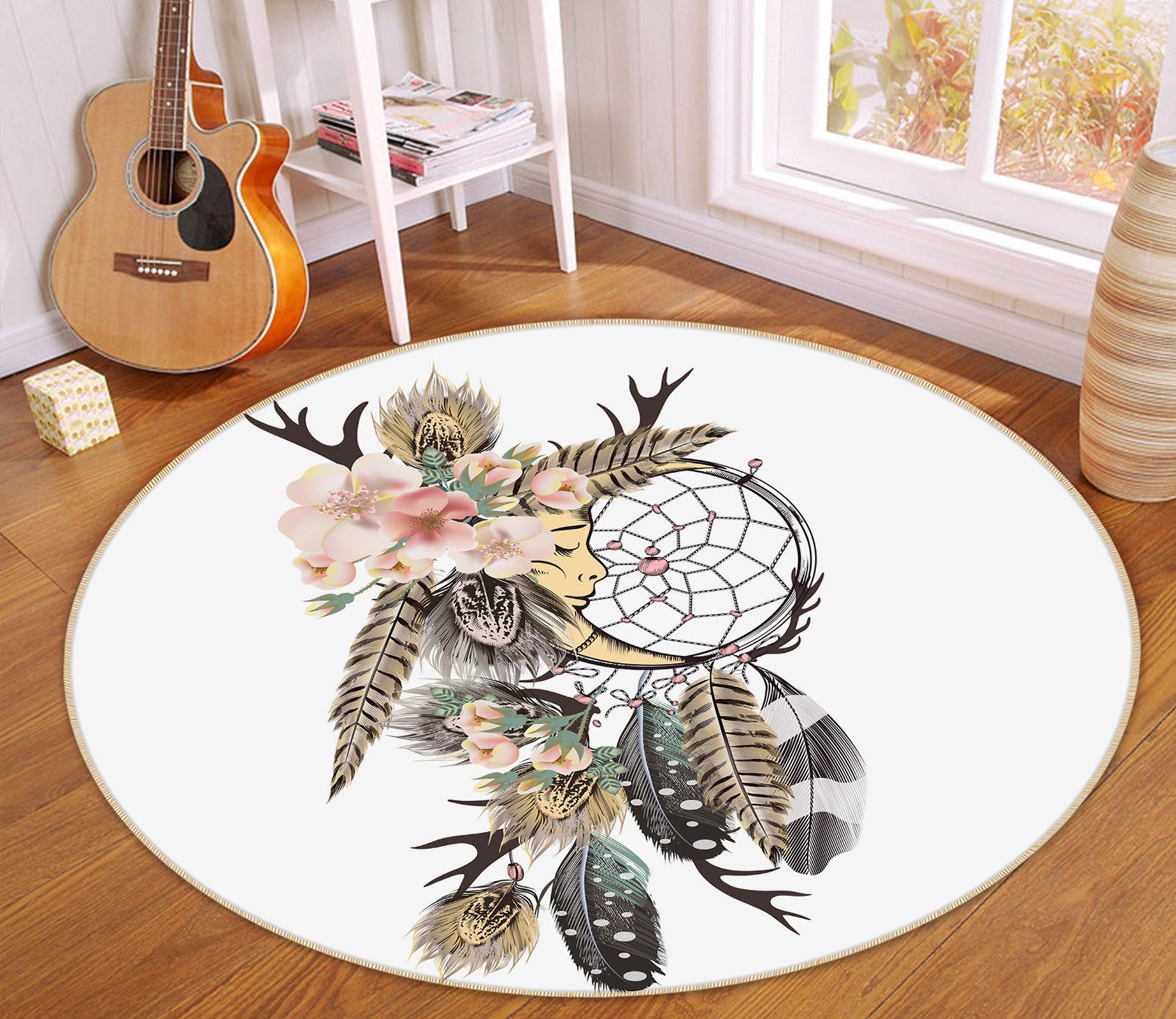 3D Feather Dream Catcher 29047 Round Non Slip Rug Mat