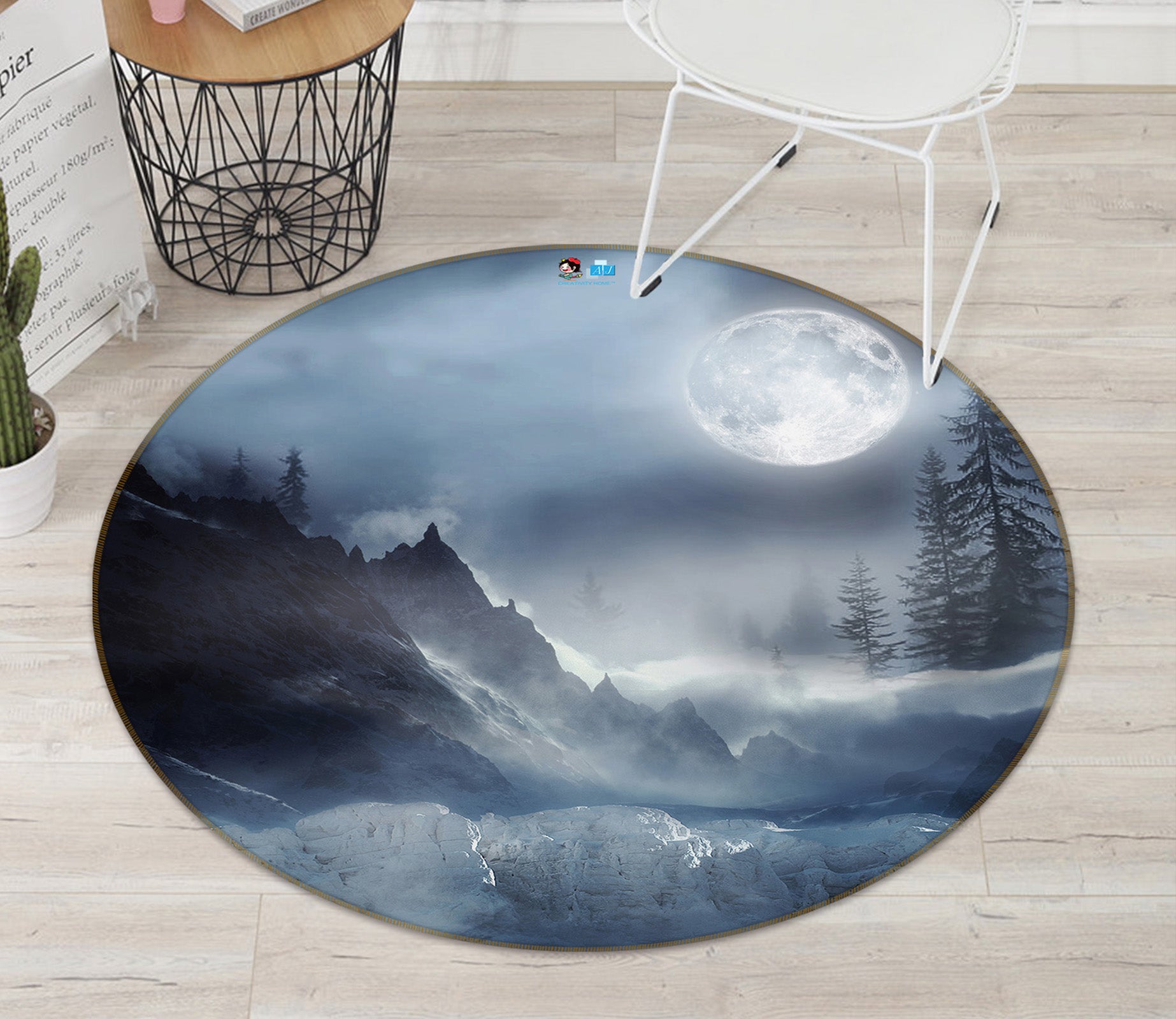 3D Mountain Tree Moon 74099 Round Non Slip Rug Mat