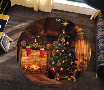 3D Tree Fireplace 54141 Christmas Round Non Slip Rug Mat Xmas
