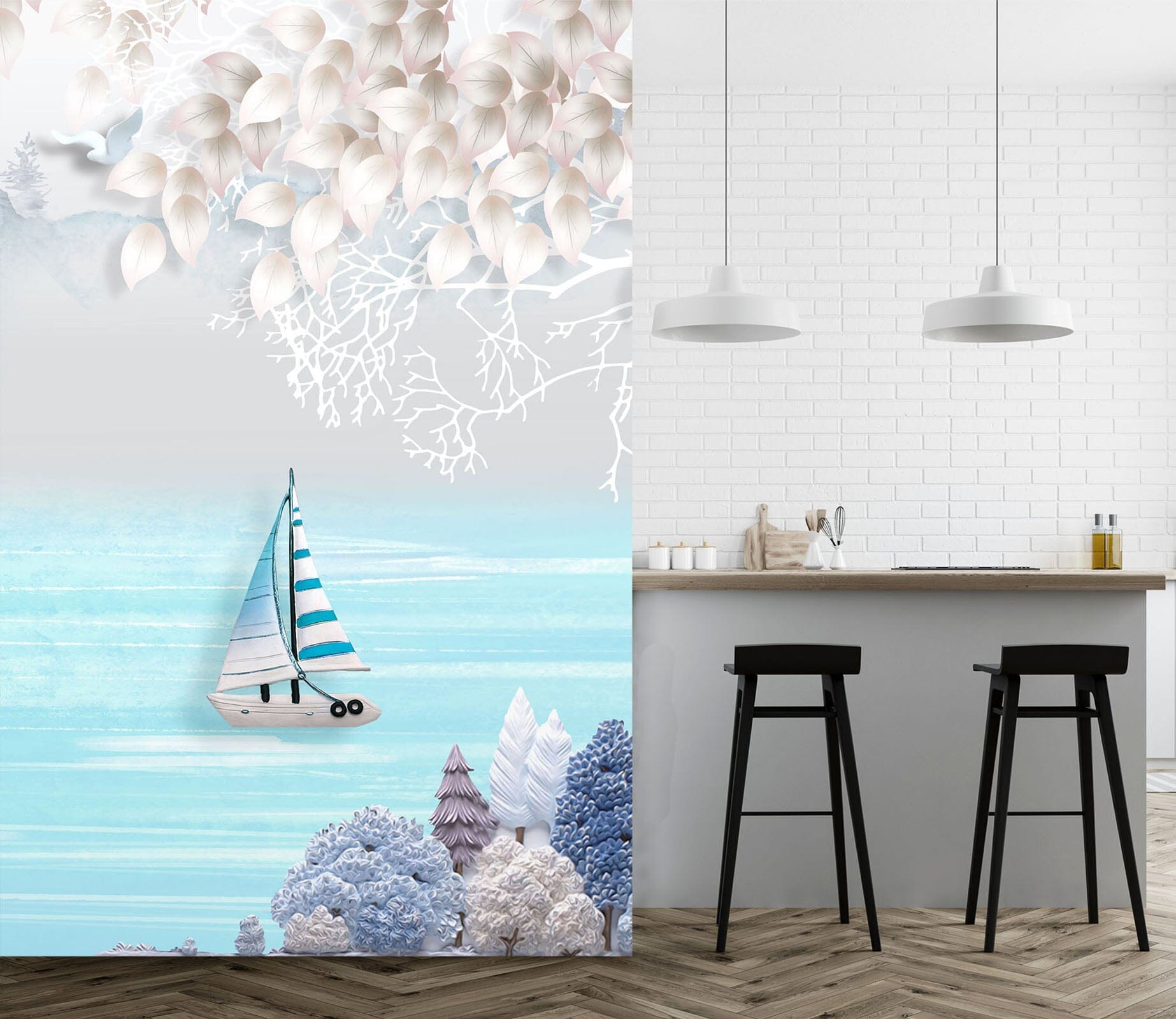 3D Blue Sea Sailing Boat 1826 Wall Murals Wallpaper AJ Wallpaper 2 