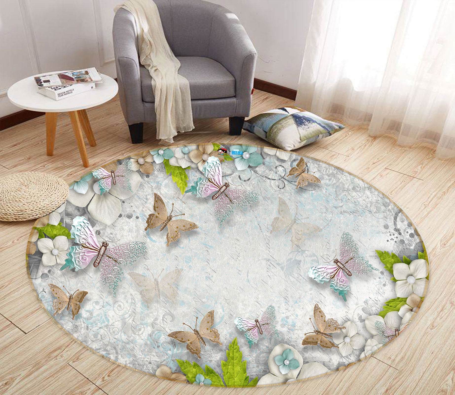 3D Butterfly Flower 80198 Round Non Slip Rug Mat