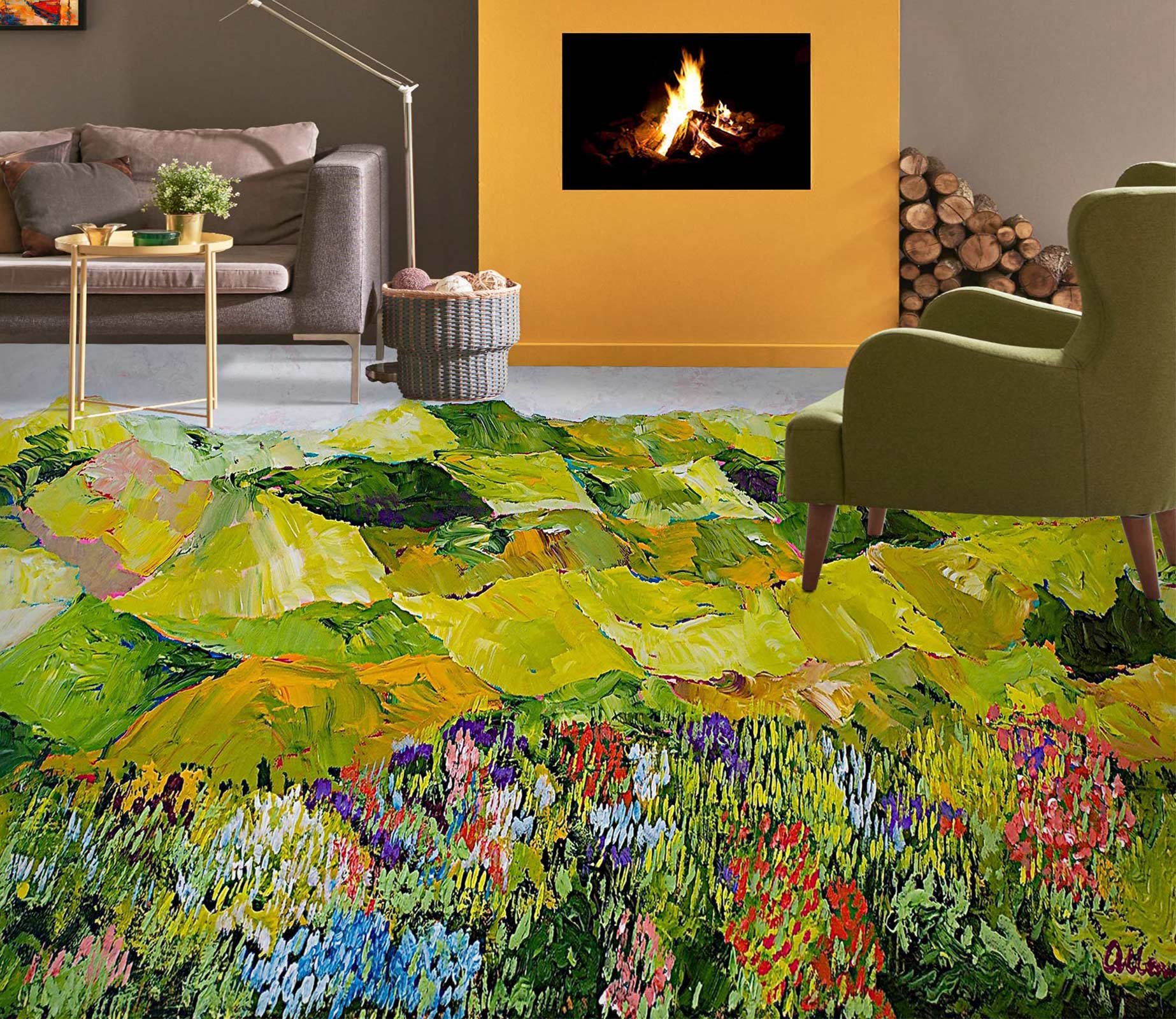 3D Green Hillside Flowers Grass 9606 Allan P. Friedlander Floor Mural