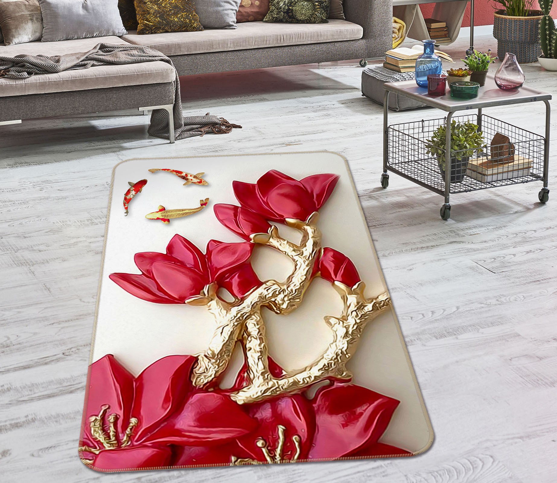 3D Red Flower Fish 32105 Non Slip Rug Mat