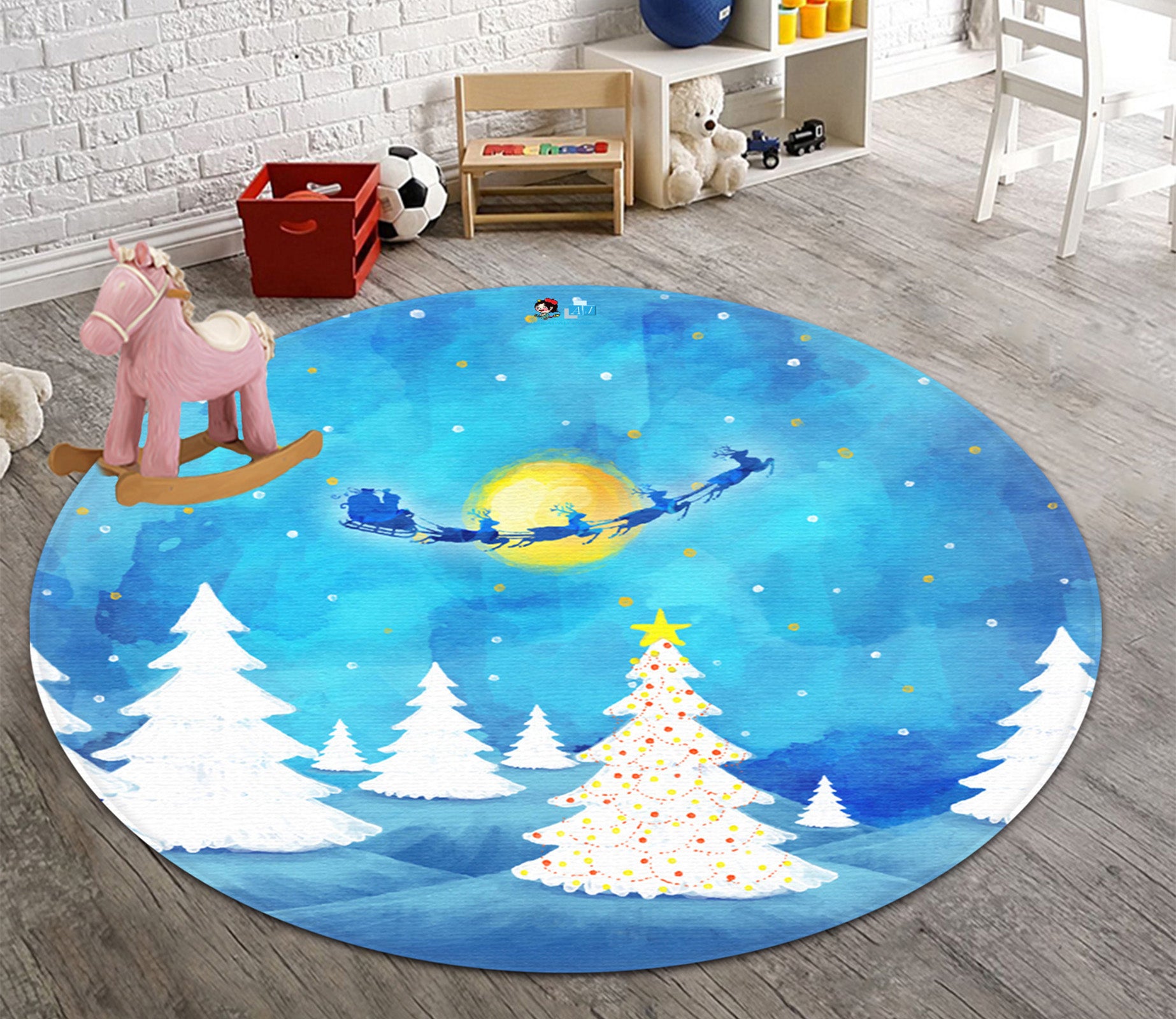 3D White Tree Sled 66034 Christmas Round Non Slip Rug Mat Xmas