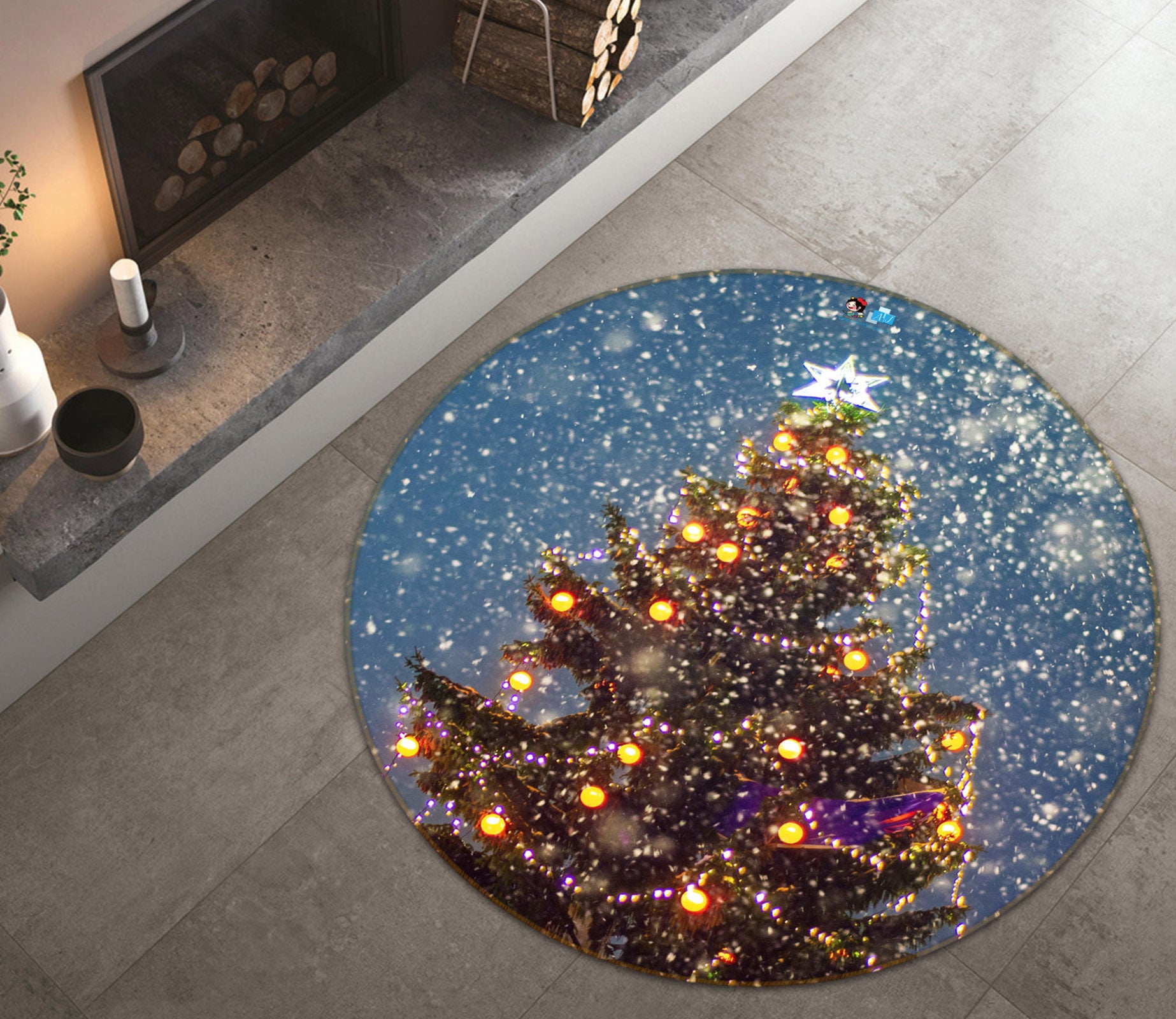 3D Tree Snowing 54183 Christmas Round Non Slip Rug Mat Xmas