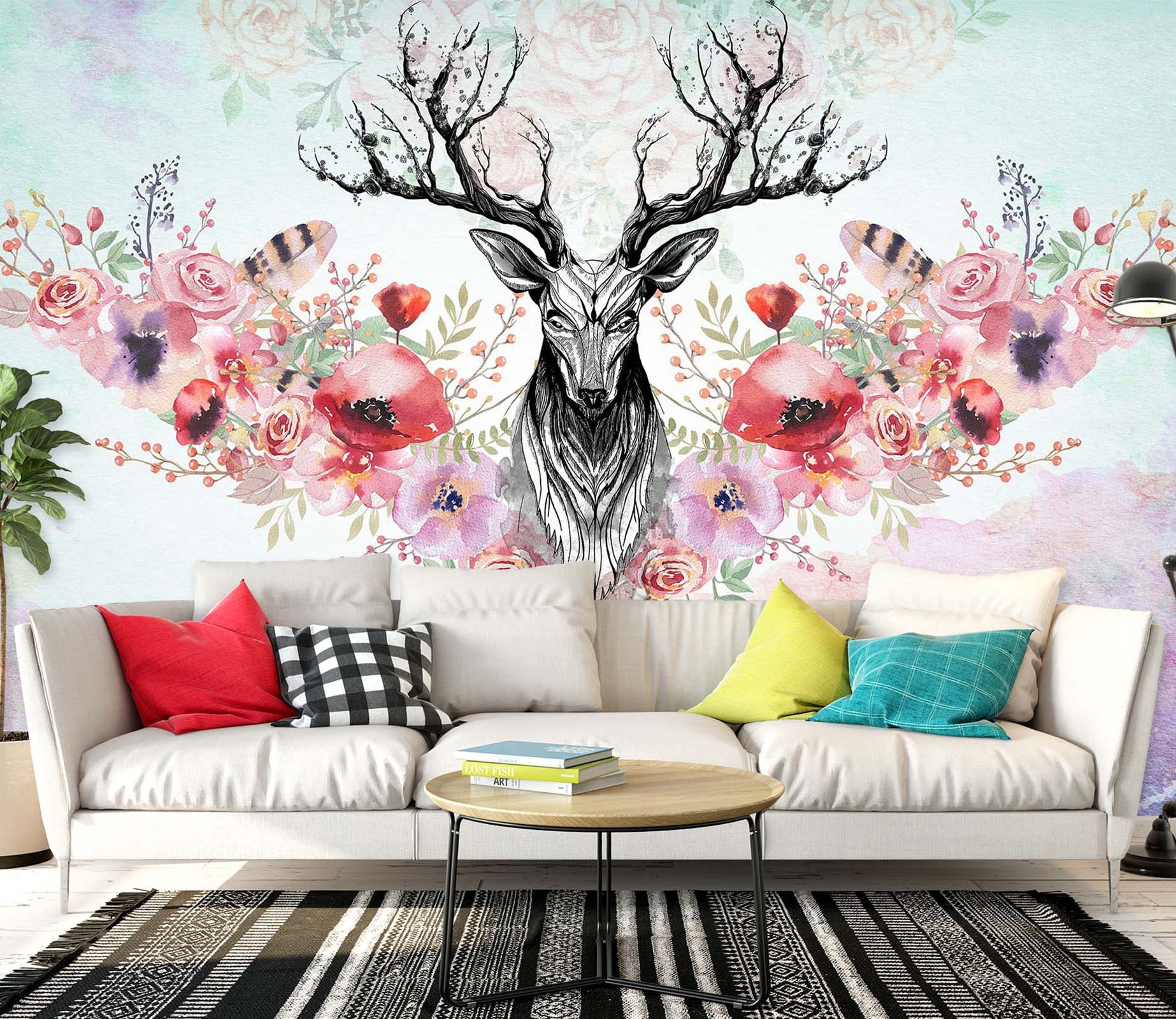 3D Flower Deer 1452 Wall Murals