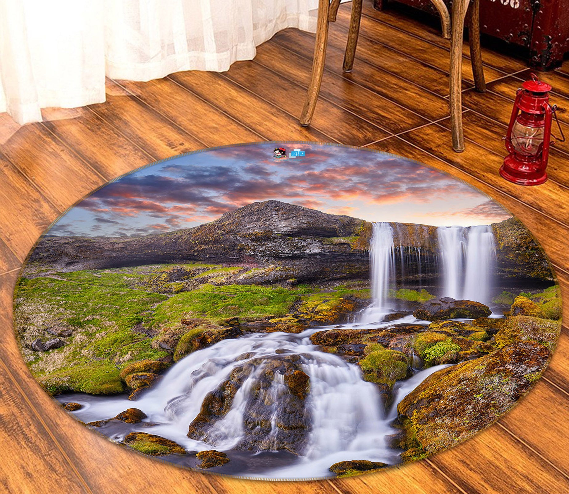 3D Mountain Waterfall 69140 Round Non Slip Rug Mat