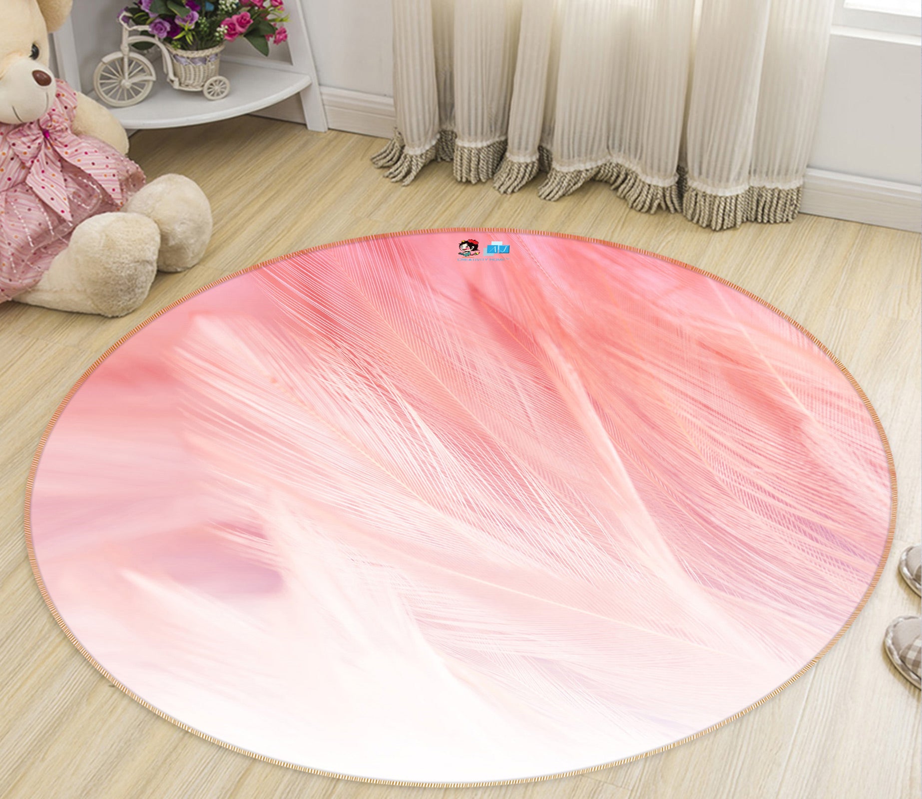 3D Pink Feather 81213 Round Non Slip Rug Mat
