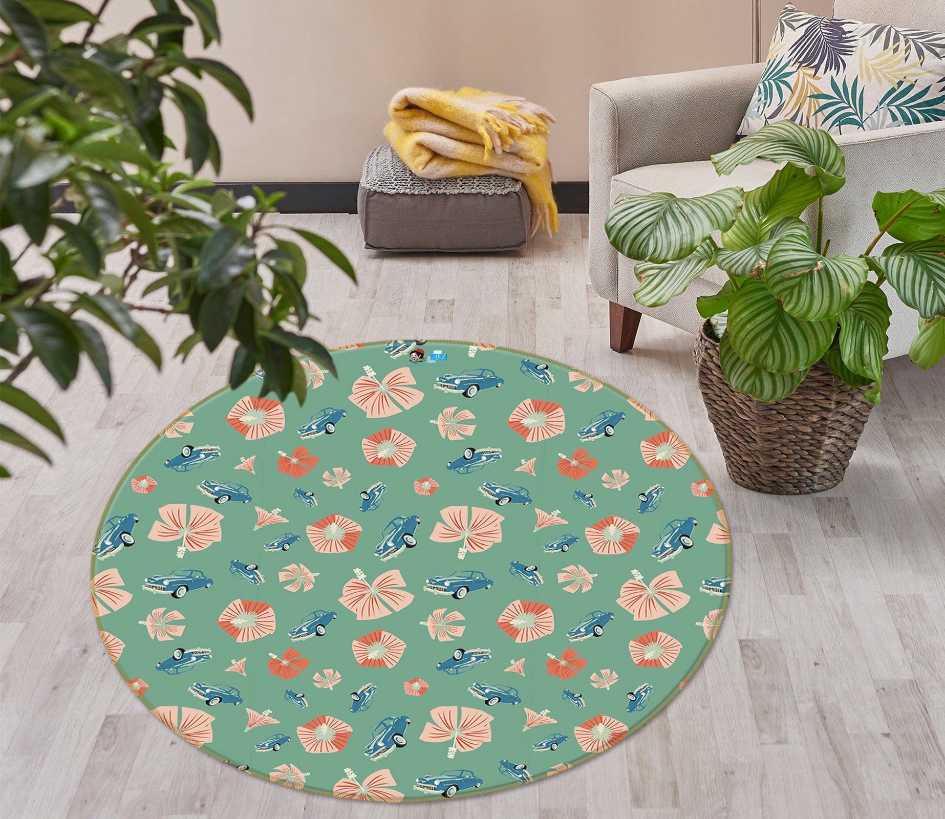 3D Blue Car Pink Flowers 9893 Kasumi Loffler Rug Round Non Slip Rug Mat