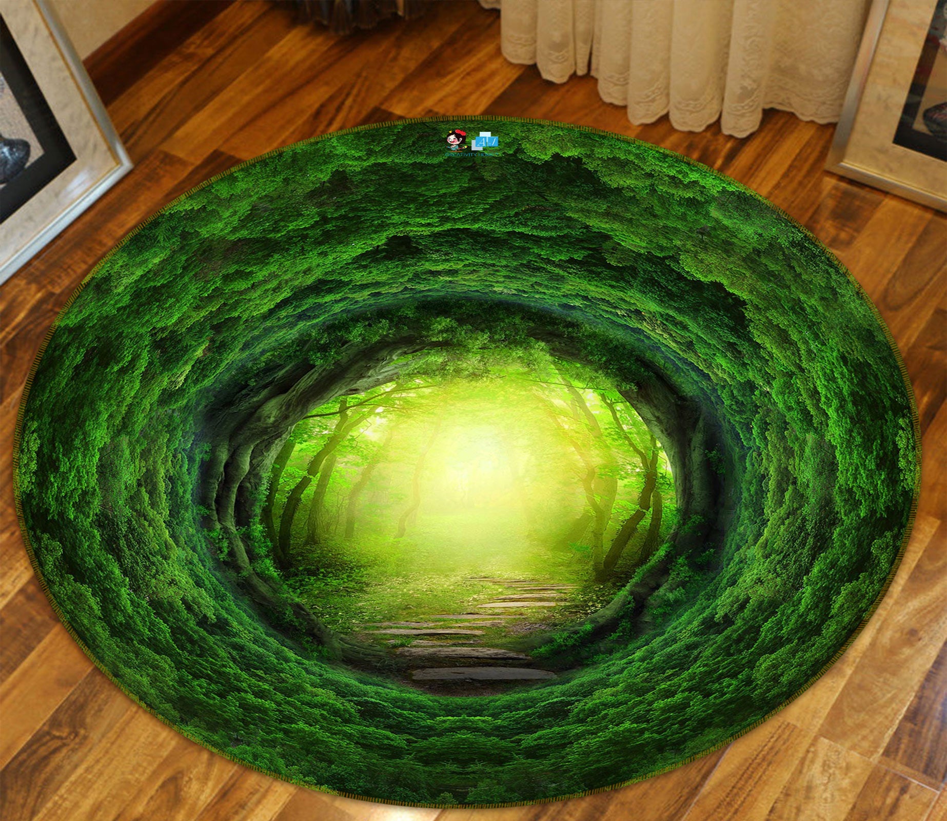 3D Green Tree Hole 80291 Round Non Slip Rug Mat