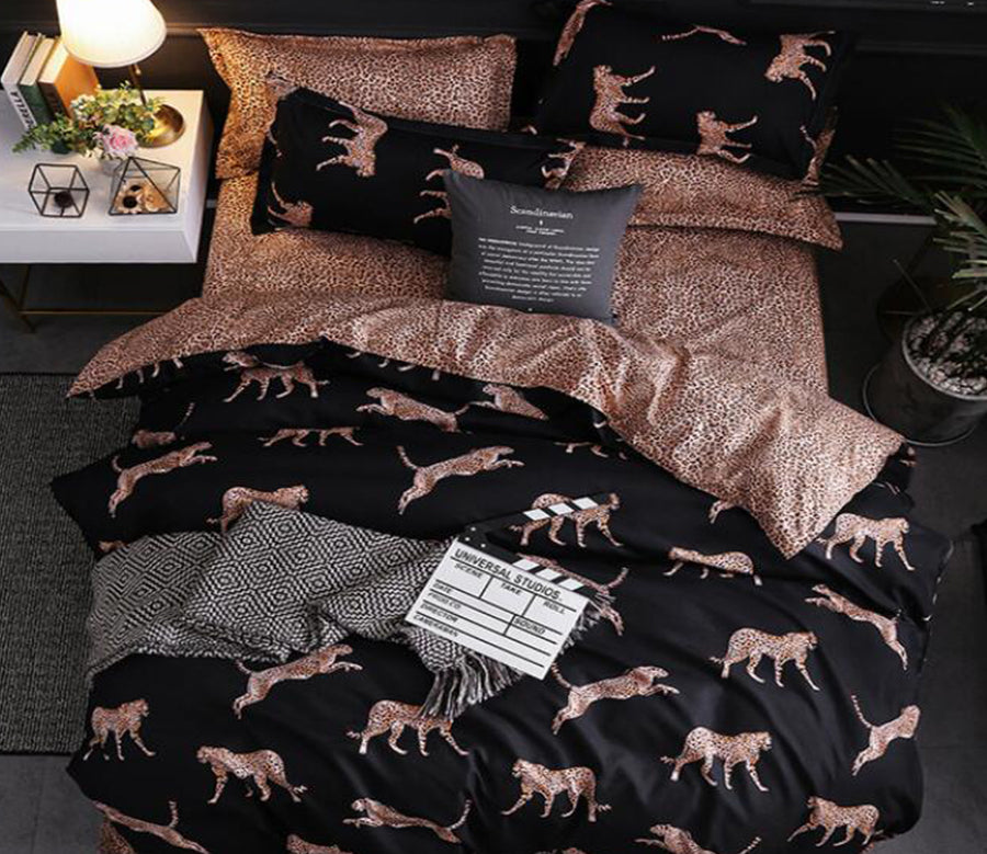 3D Black Background Pink Leopard 5164 Bed Pillowcases Quilt