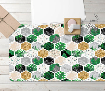 3D Green Leaf Gold Hexagon 18041 Desk Mat