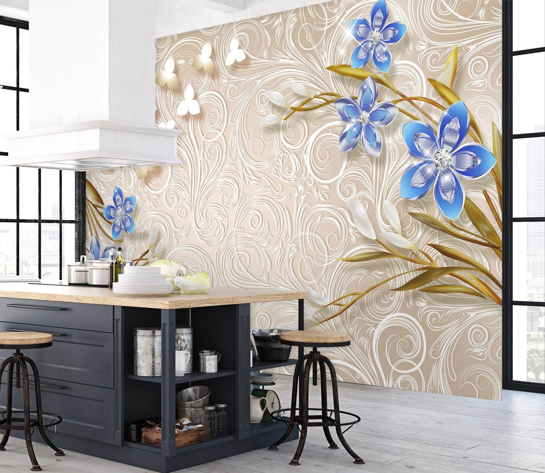 3D Blue Flowers 1480 Wall Murals Wallpaper AJ Wallpaper 2 