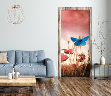 3D Blue Butterfly Red Flowers 12256 Marco Carmassi Door Mural