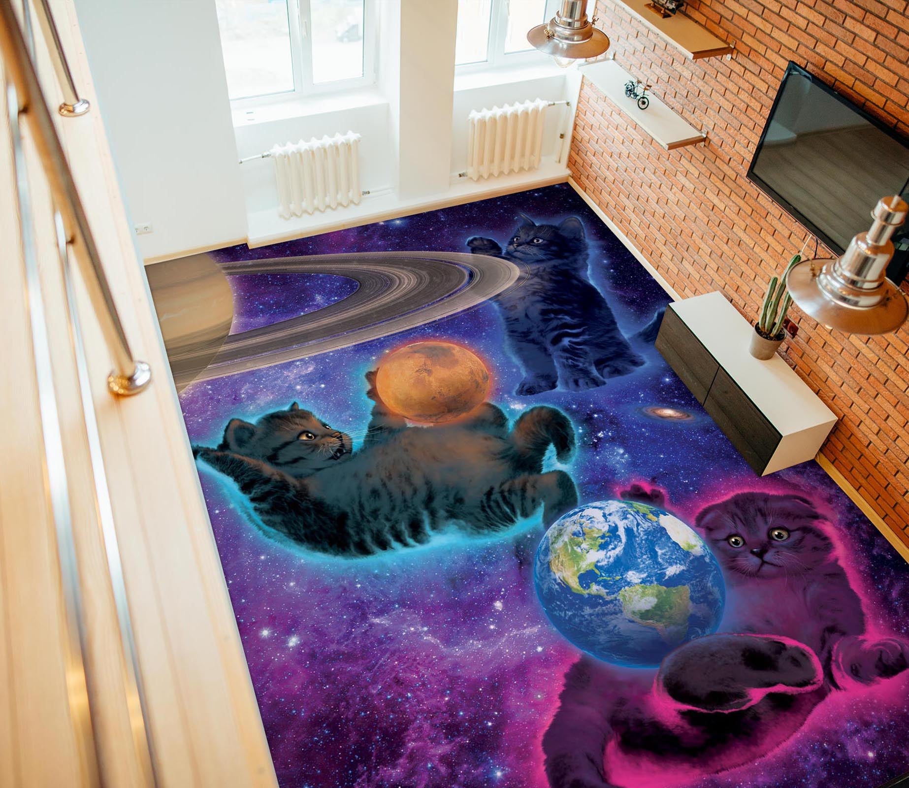 3D Cat Space Planet 98177 Vincent Floor Mural