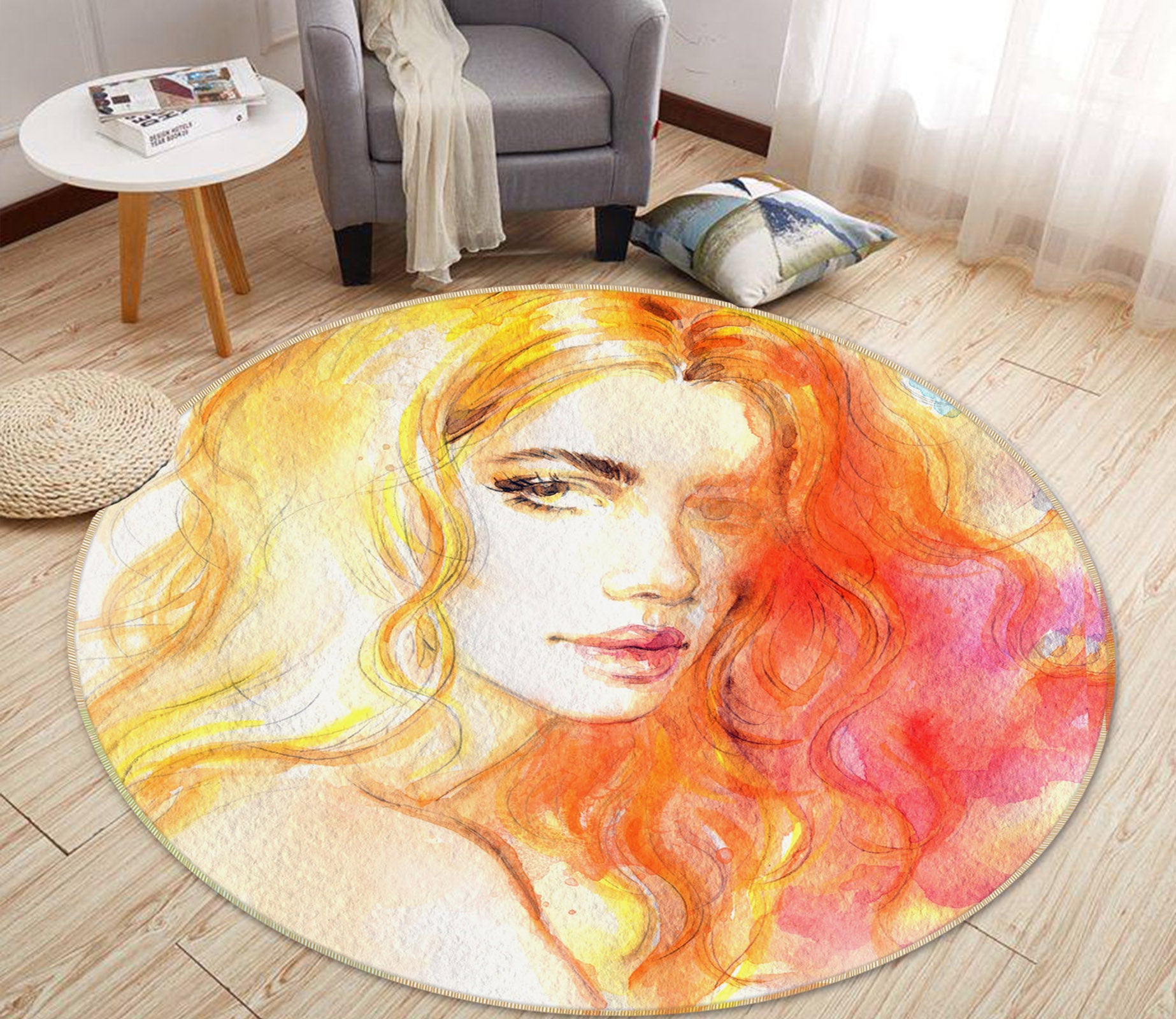 3D Girl Curly Hair 37028 Round Non Slip Rug Mat