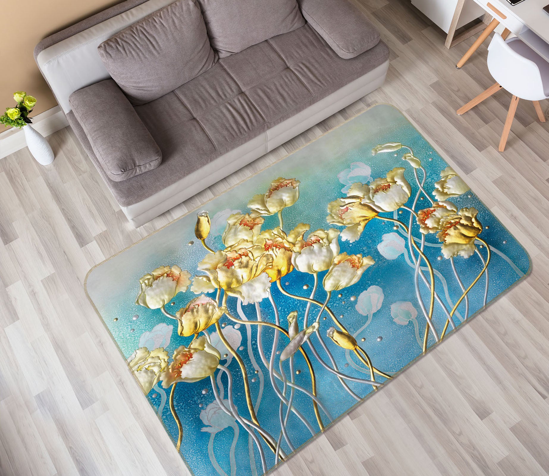 3D Golden Flowers 32087 Non Slip Rug Mat