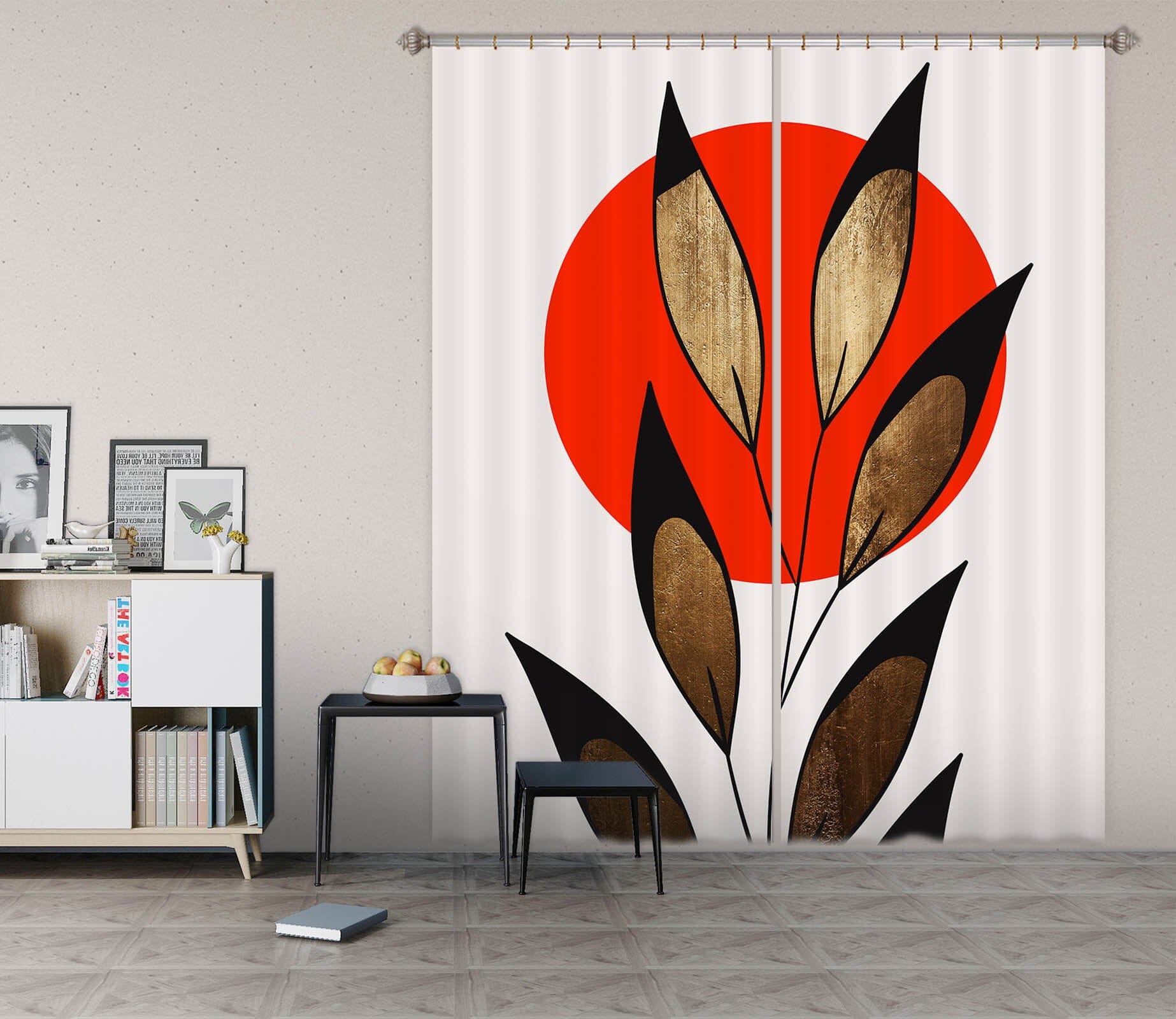 3D Red Sun Leaves 1023 Boris Draschoff Curtain Curtains Drapes Curtains AJ Creativity Home 