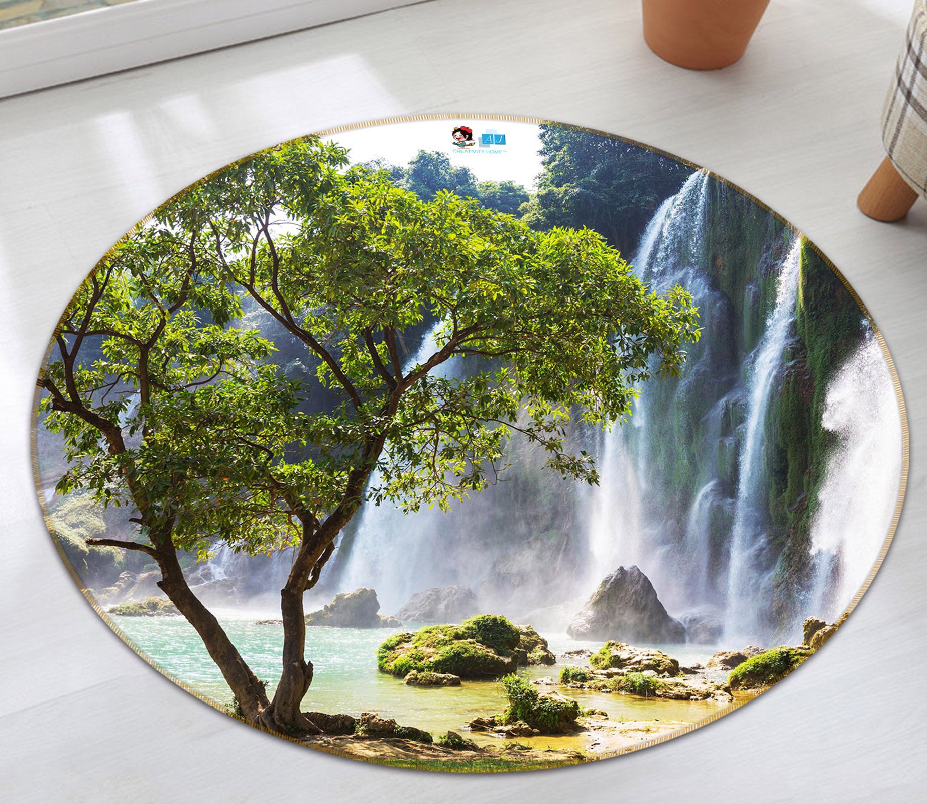 3D Trees Waterfall 74129 Round Non Slip Rug Mat