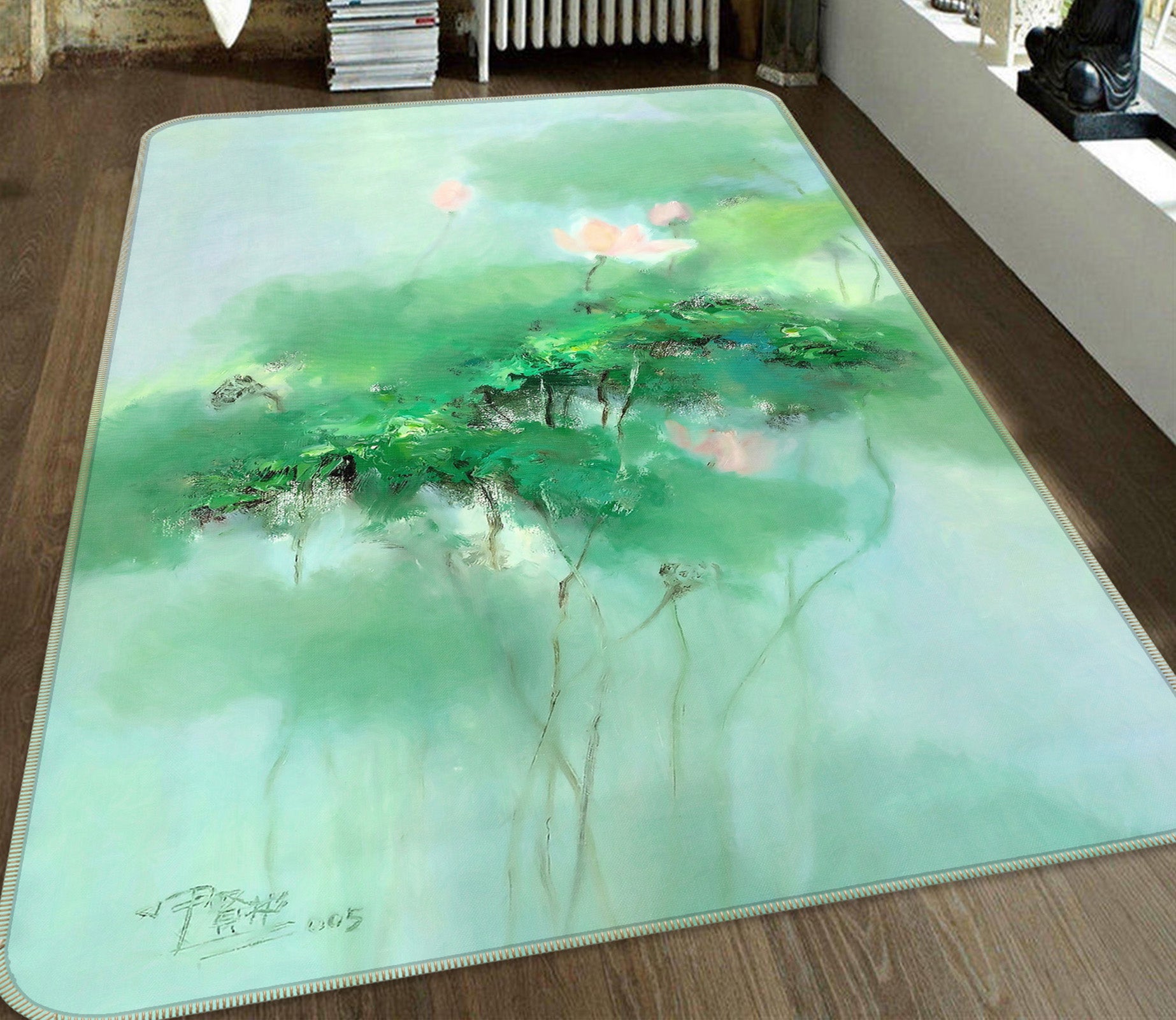 3D Green Lotus Leaf 65039 Non Slip Rug Mat