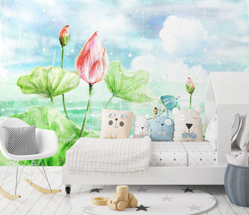 3D Green Lotus Watercolor 013 Wall Murals Wallpaper AJ Wallpaper 2 