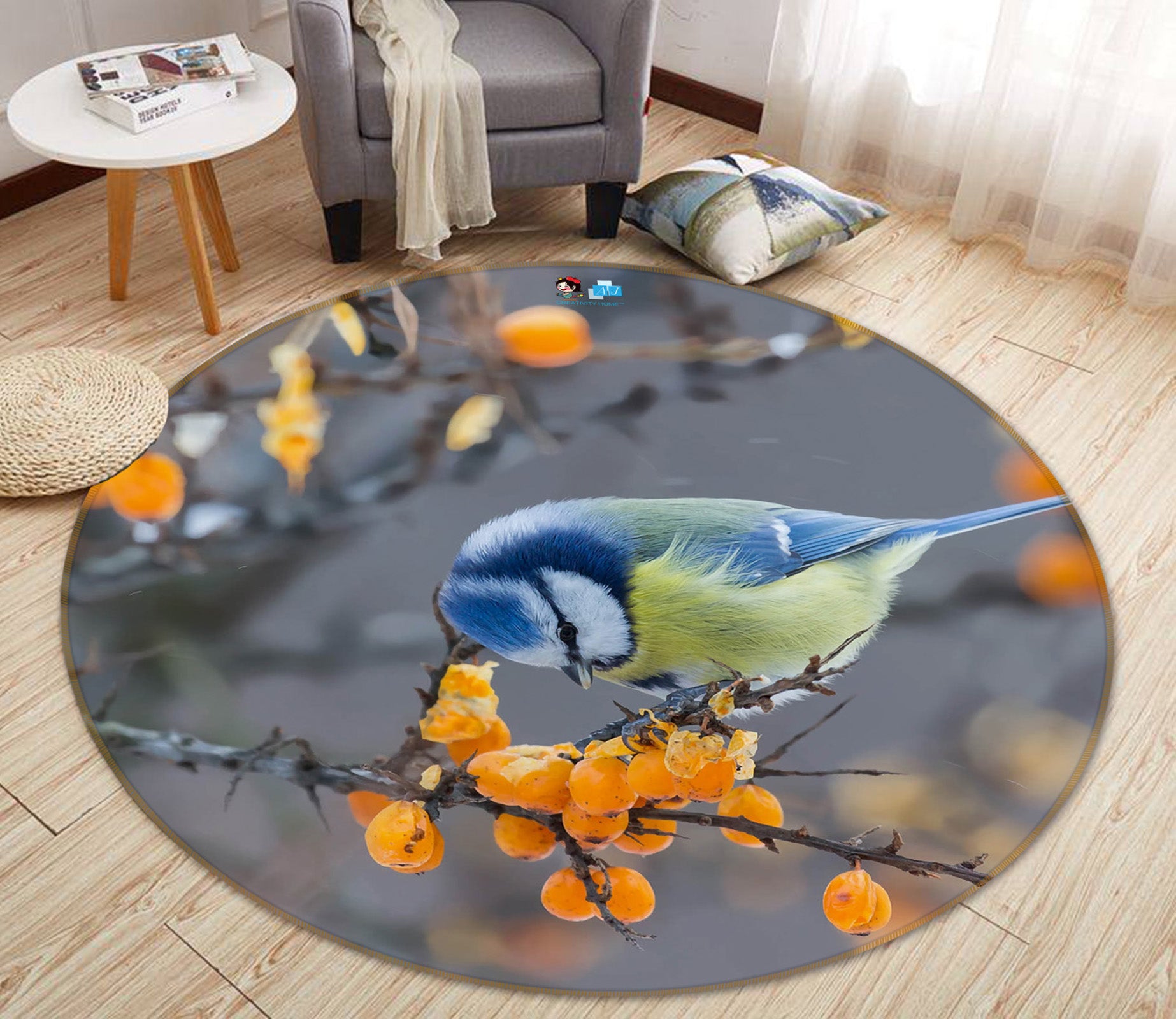 3D Flower Branch Bird 75031 Round Non Slip Rug Mat