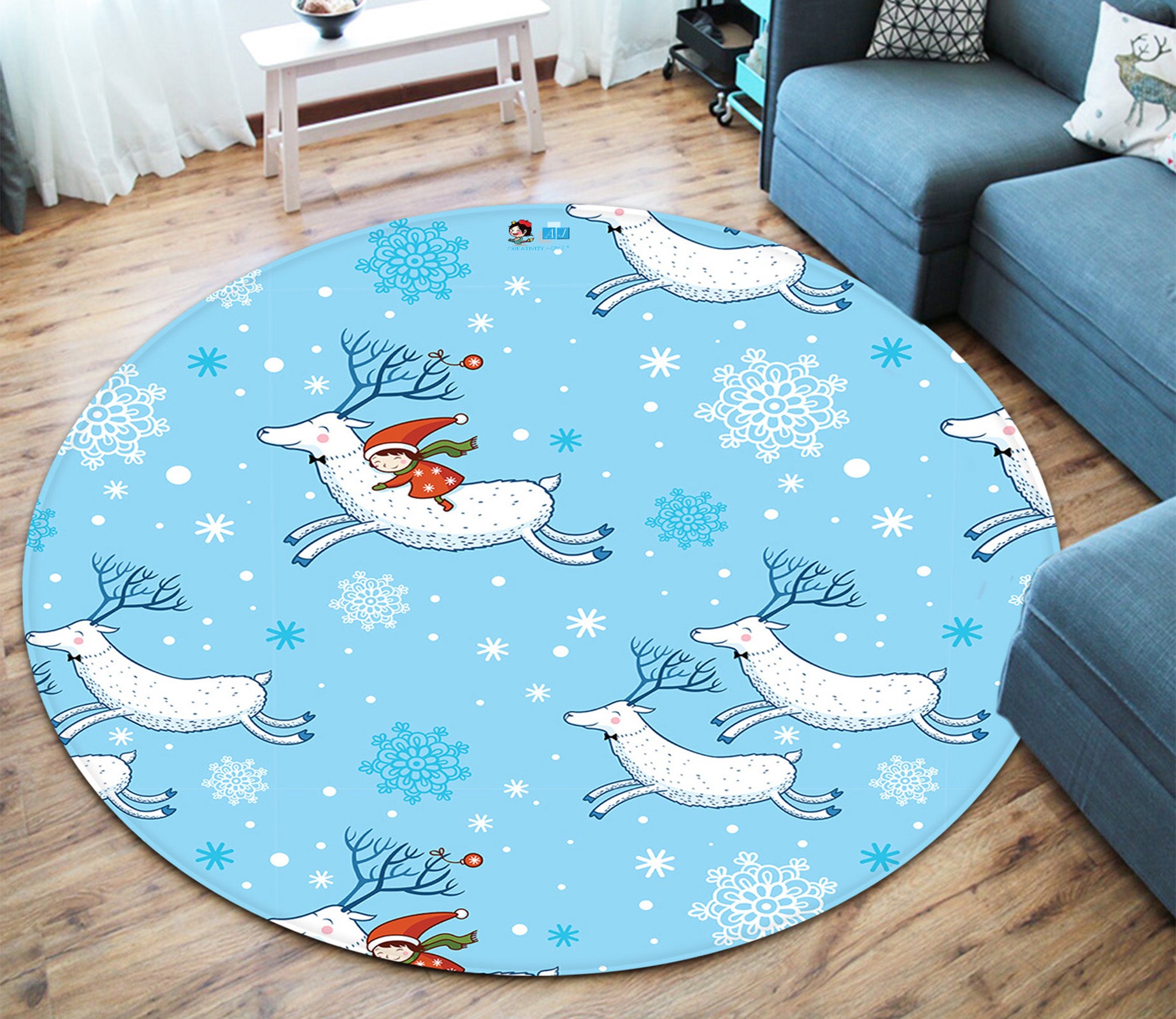 3D White Deer 66033 Christmas Round Non Slip Rug Mat Xmas