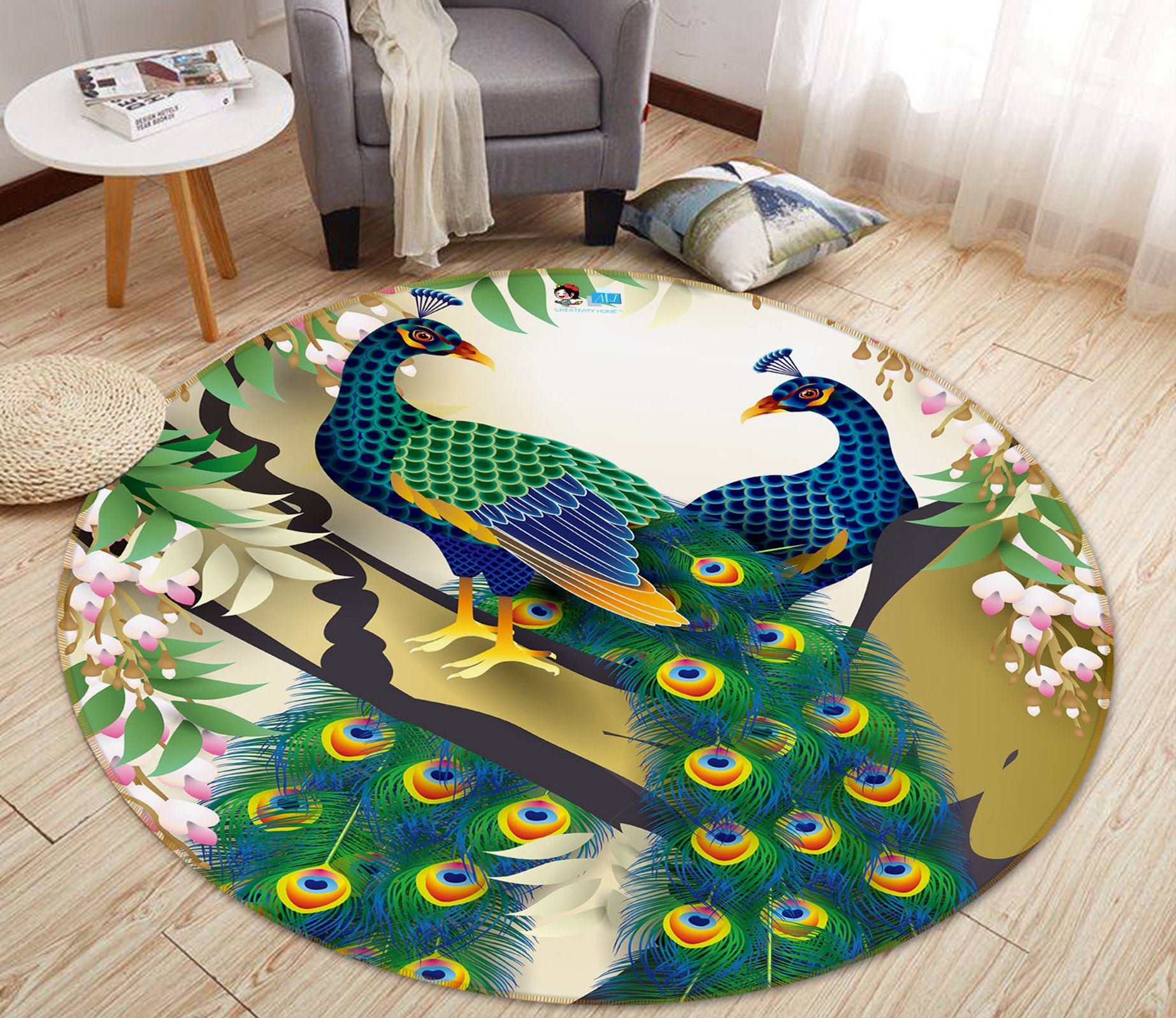 3D Peacock 71141 Round Non Slip Rug Mat
