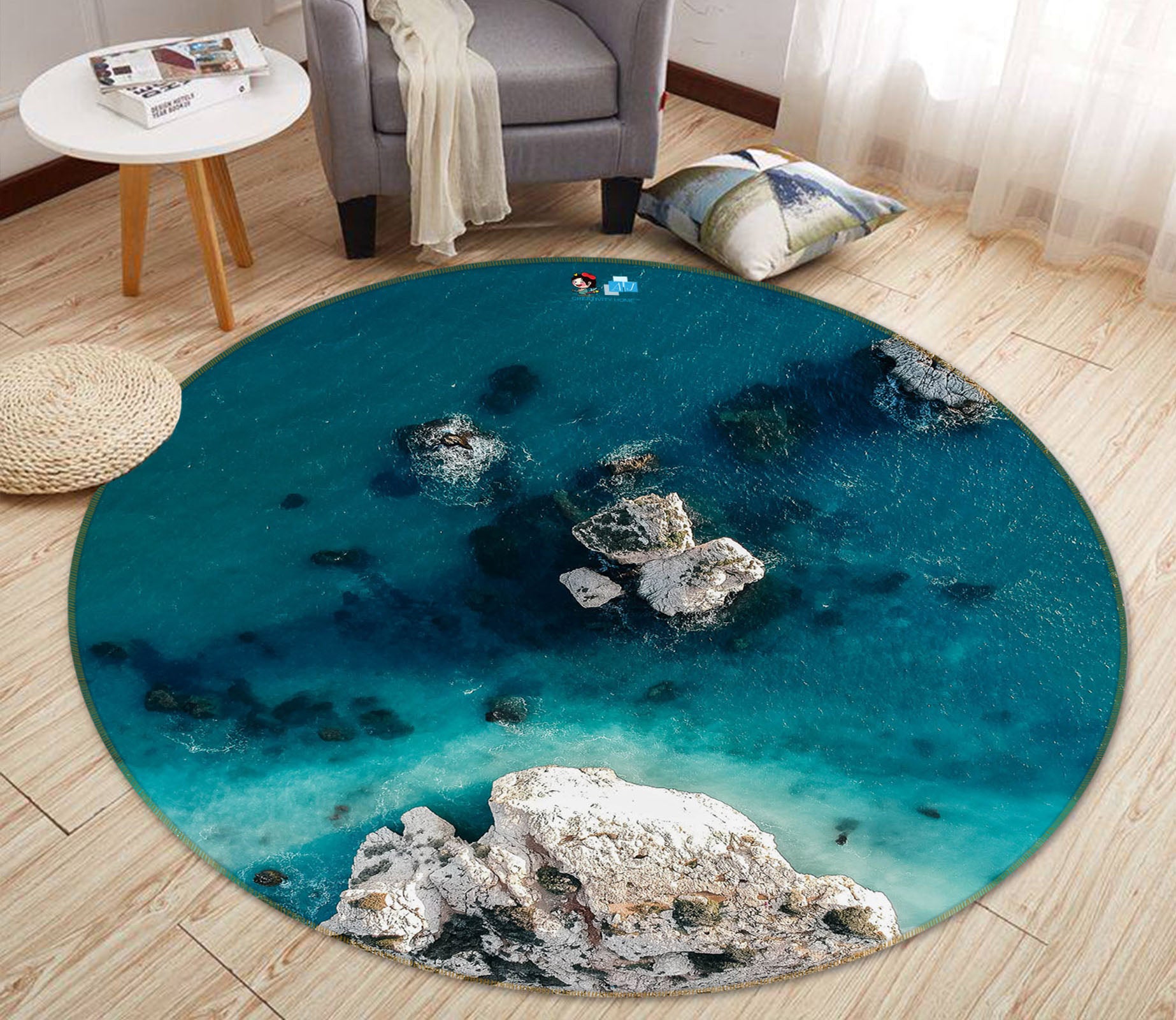 3D Seawater Stone 69118 Round Non Slip Rug Mat