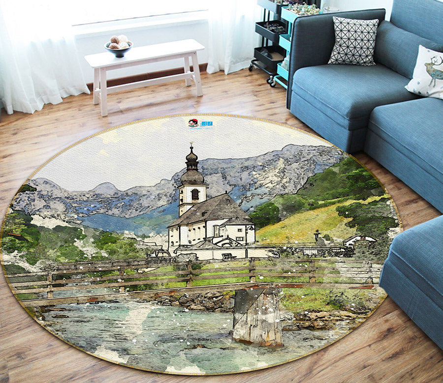 3D Mountain House 64111 Round Non Slip Rug Mat