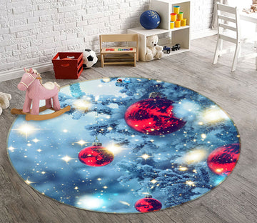 3D Snow Tree Red Ball 54067 Christmas Round Non Slip Rug Mat Xmas