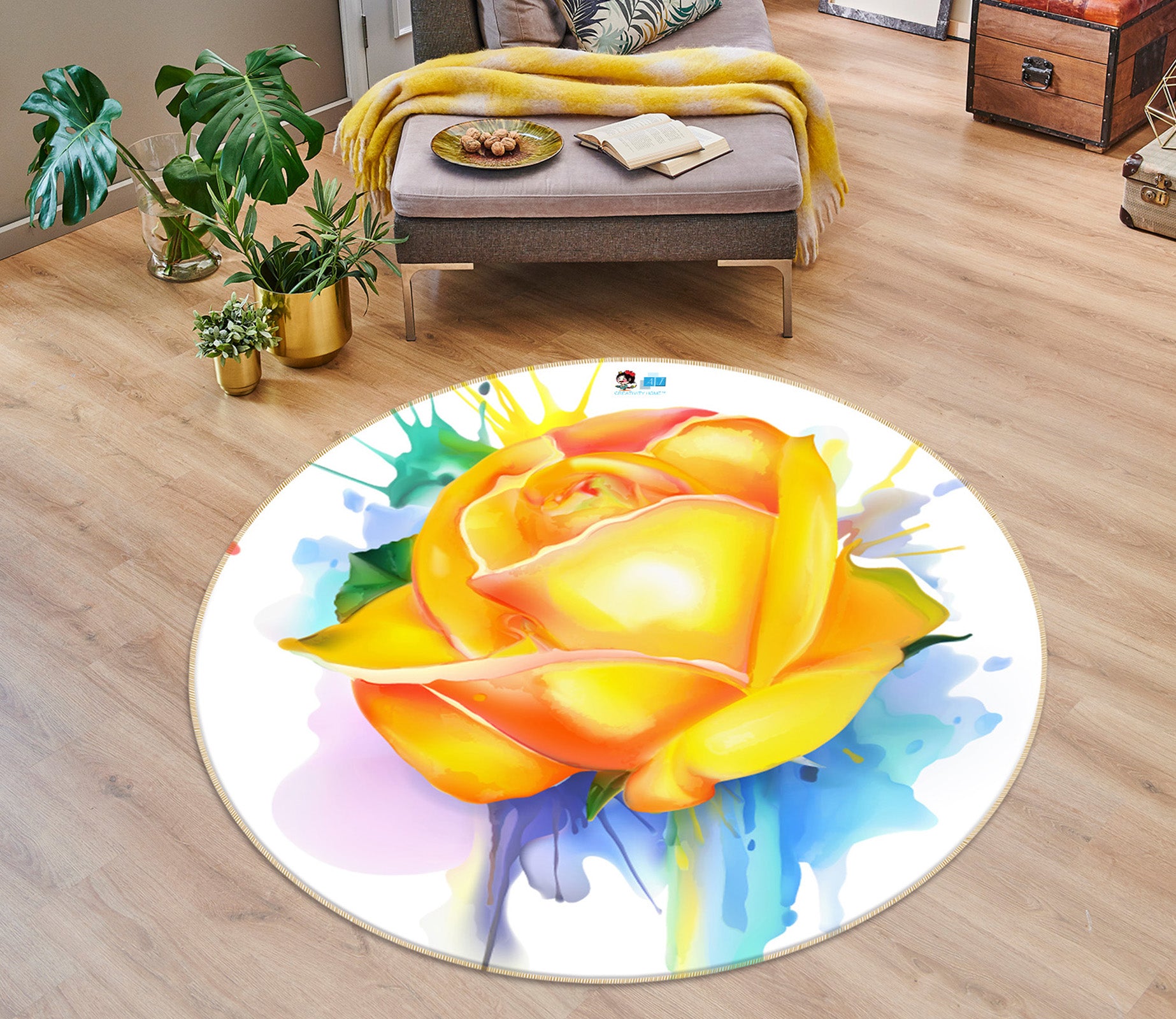 3D Yellow Rose 74216 Round Non Slip Rug Mat