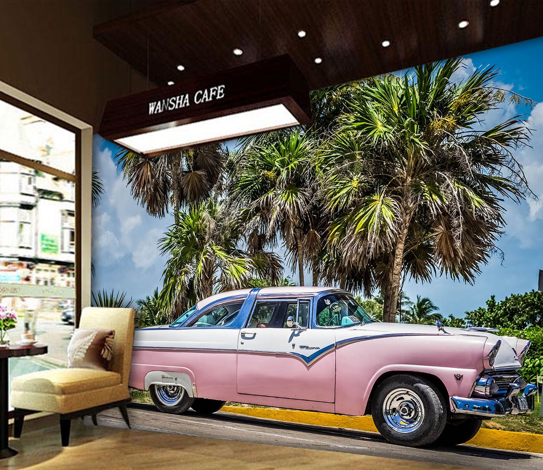3D Pink Convertible 347 Vehicle Wall Murals