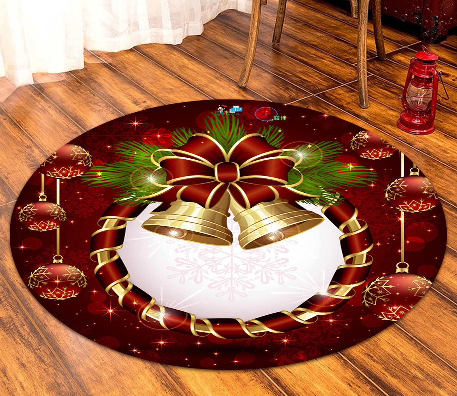 3D Bells 66025 Christmas Round Non Slip Rug Mat Xmas