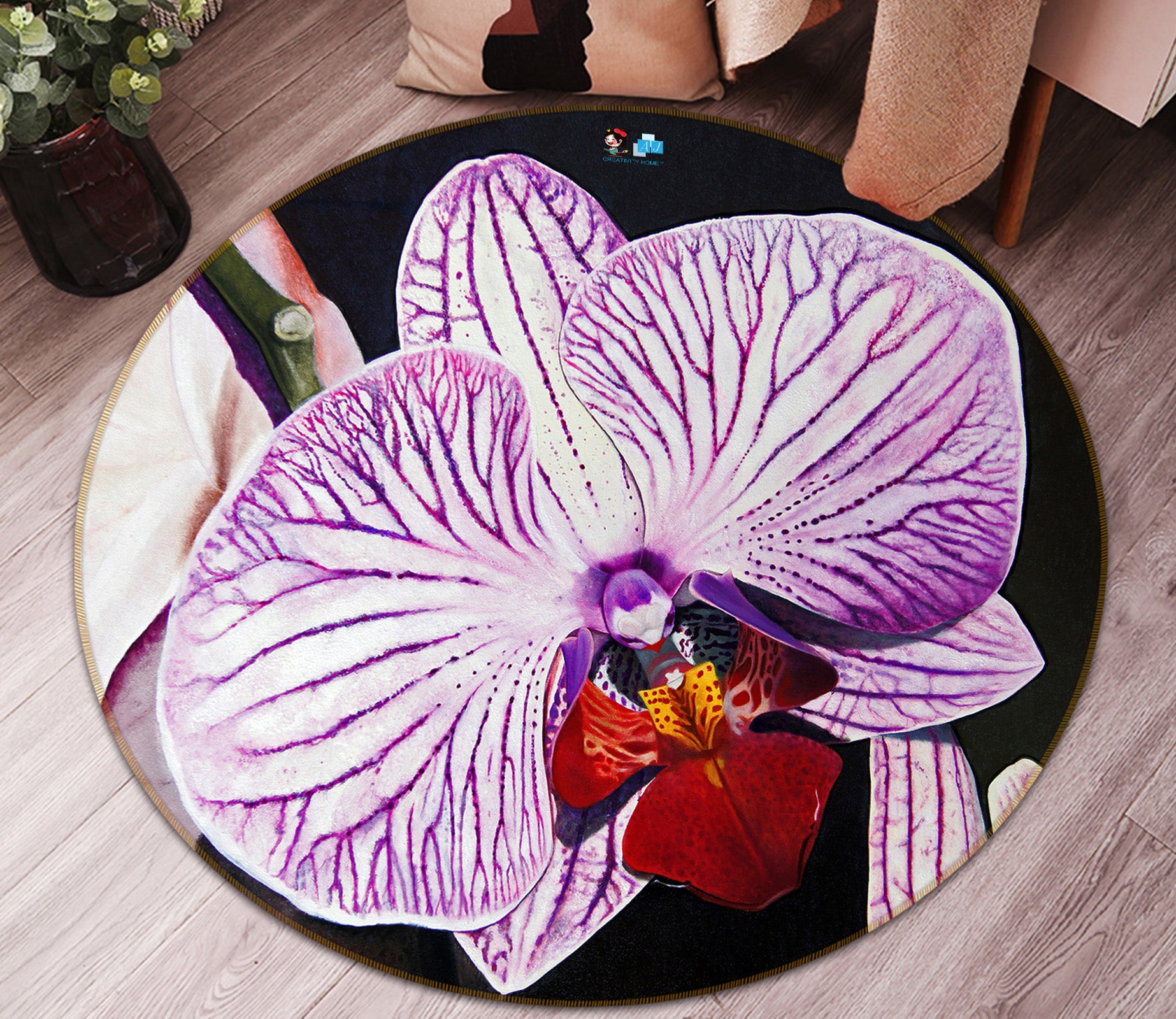 3D Purple Flowers 11094 Matthew Holden Bates Rug Round Non Slip Rug Mat