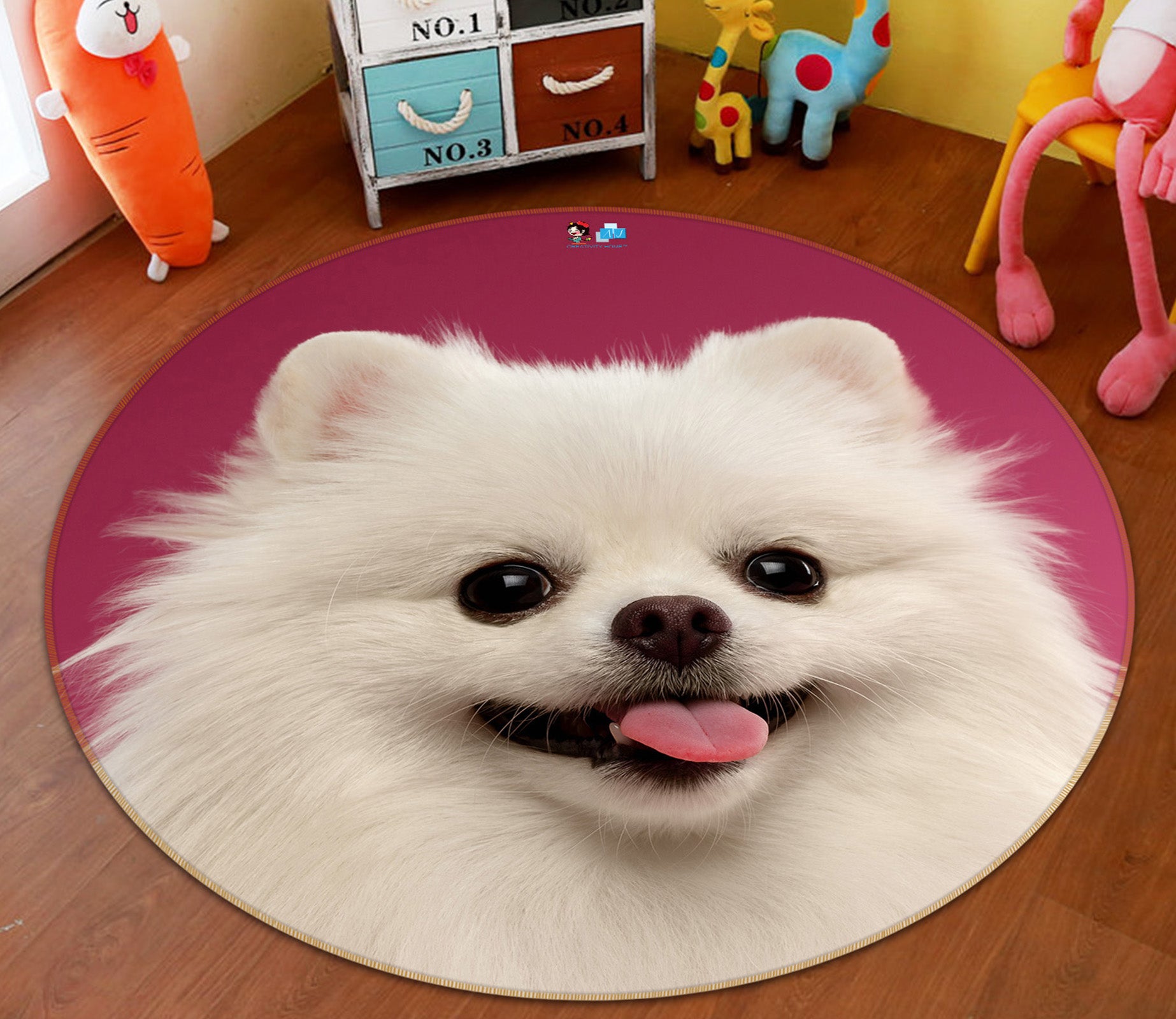 3D White Dog 74162 Round Non Slip Rug Mat