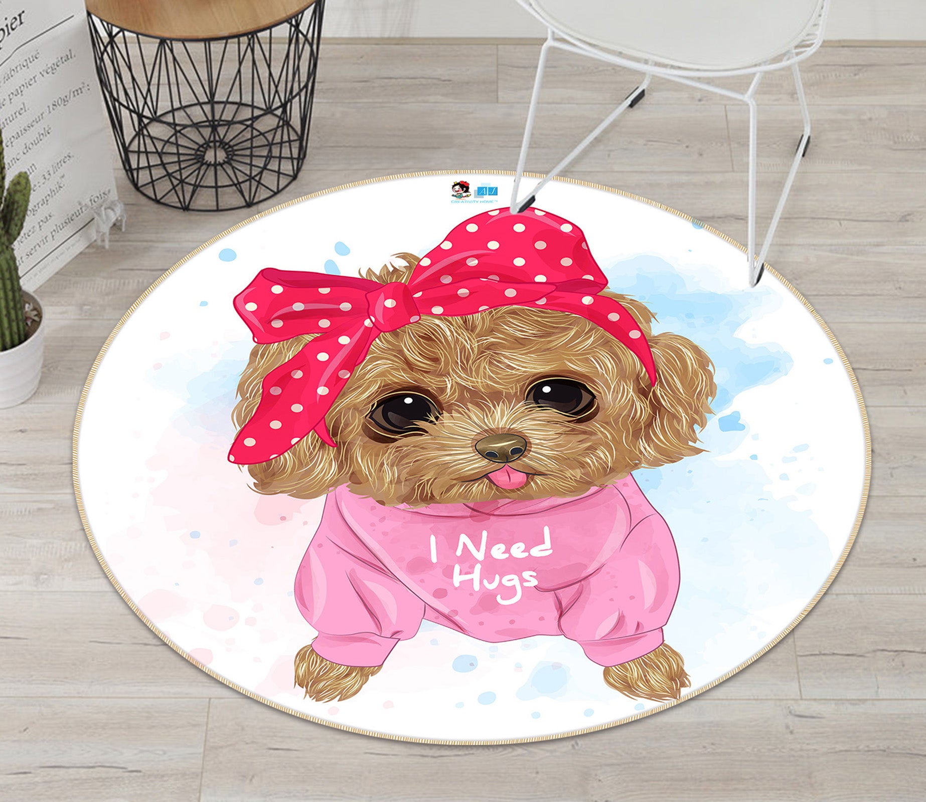 3D Teddy Dog 74290 Round Non Slip Rug Mat