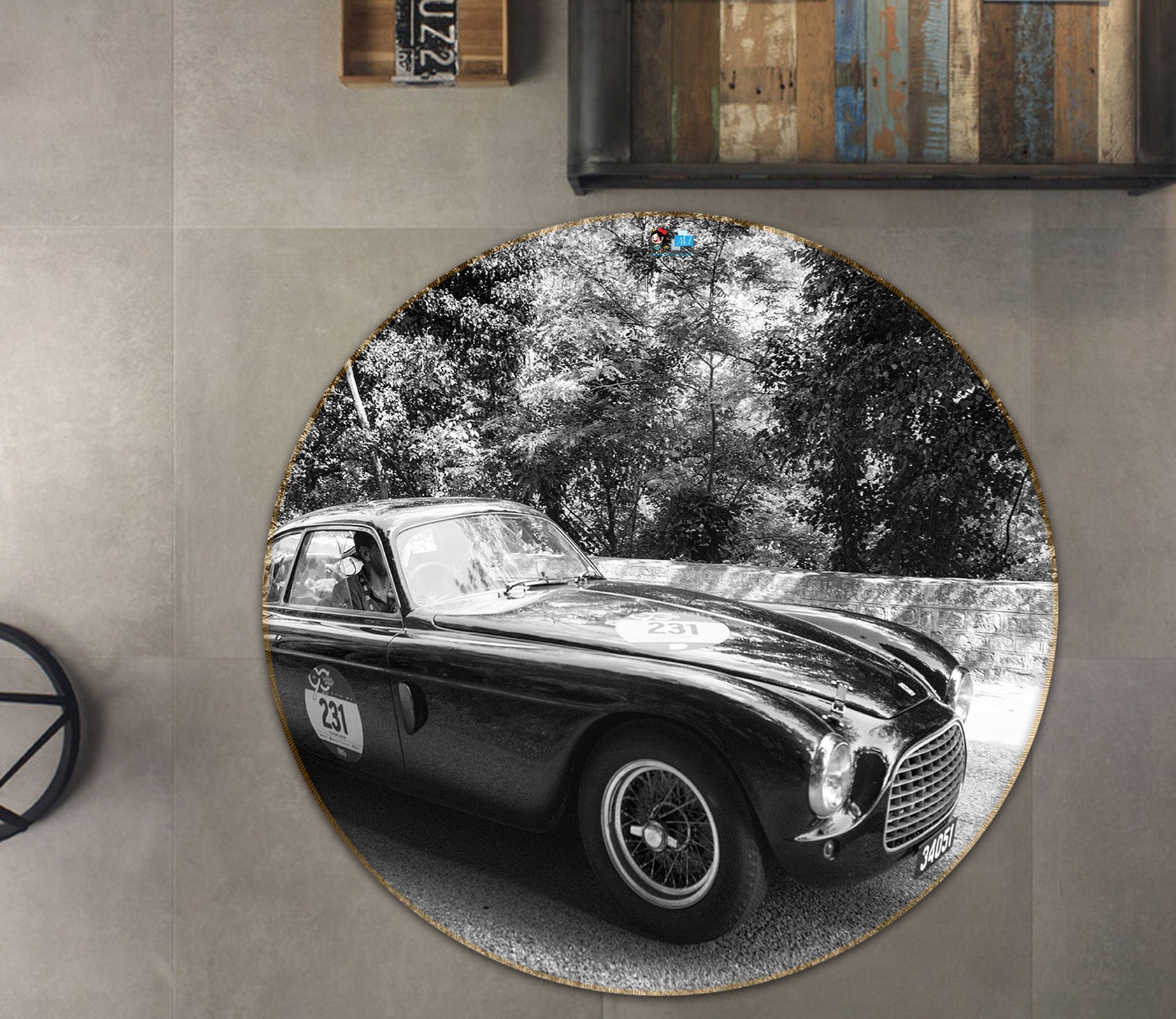 3D Black White Car 74184 Round Non Slip Rug Mat