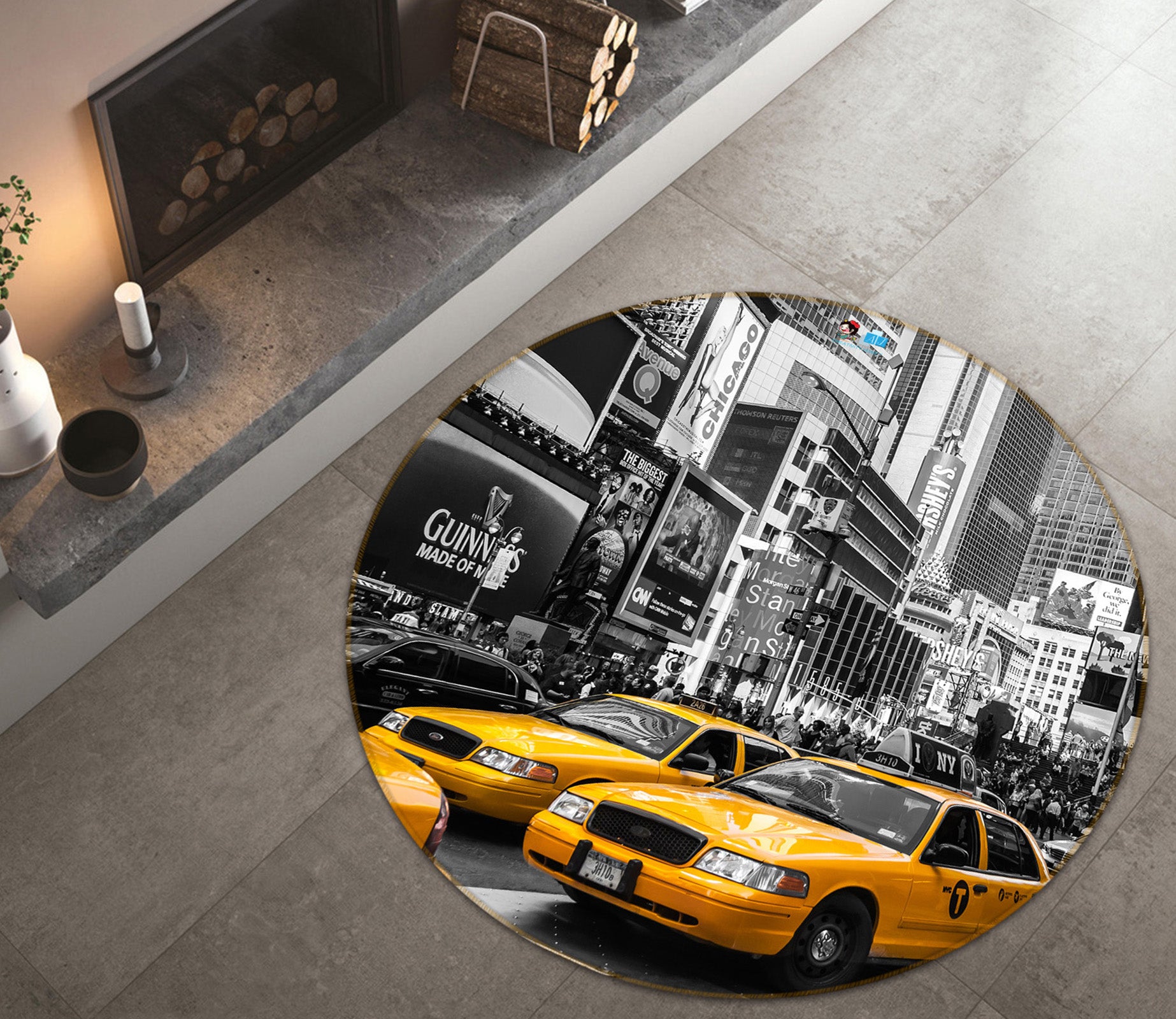 3D Yellow Car 74199 Round Non Slip Rug Mat
