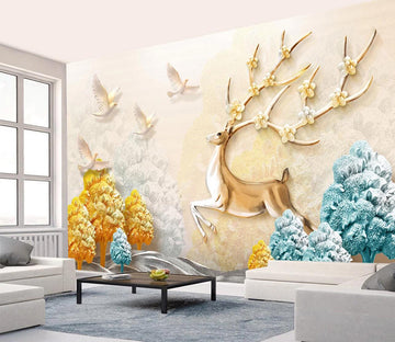 3D Golden Deer Flower WC428 Wall Murals