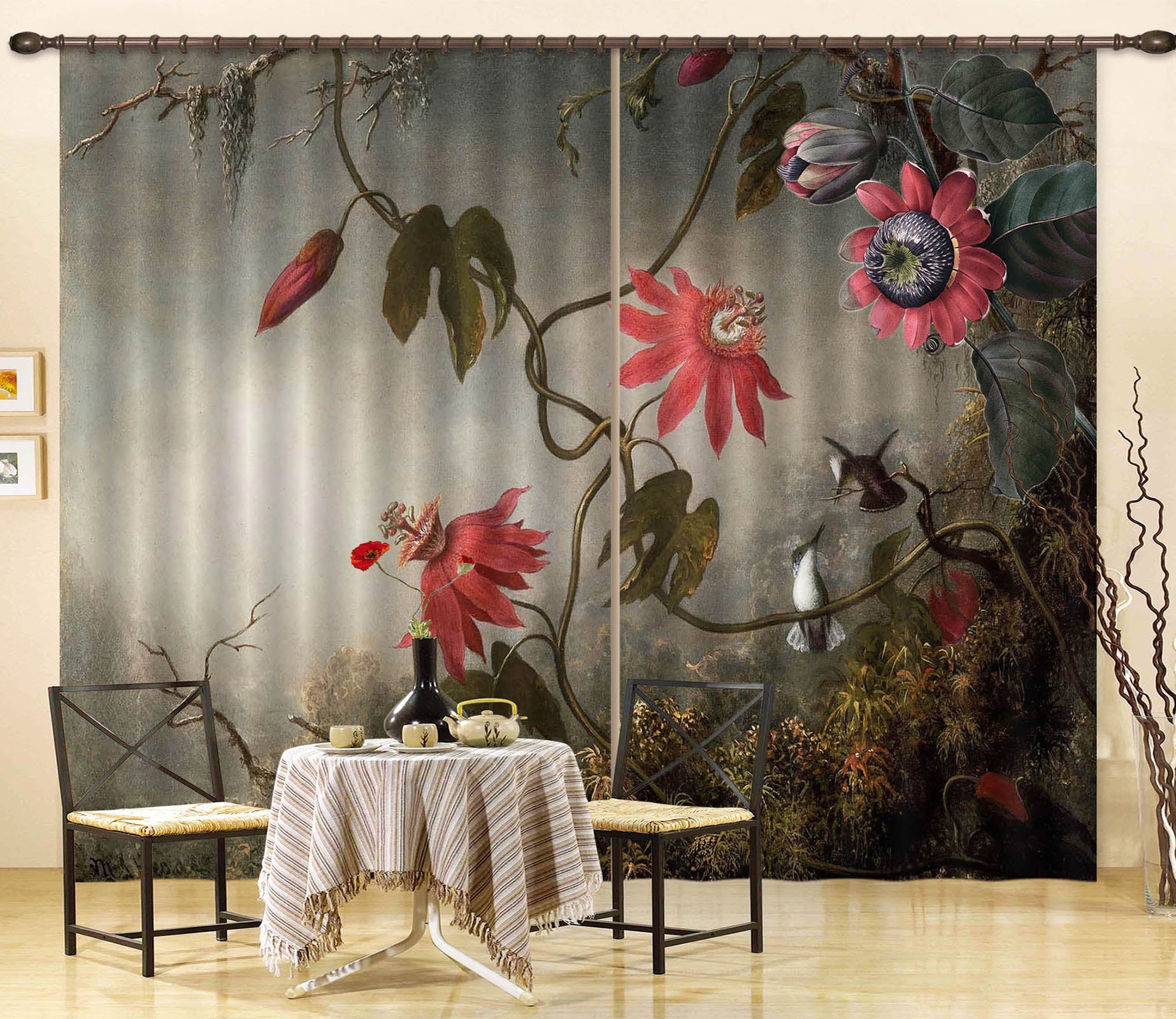 3D Red Flowers Bird 198 Uta Naumann Curtain Curtains Drapes